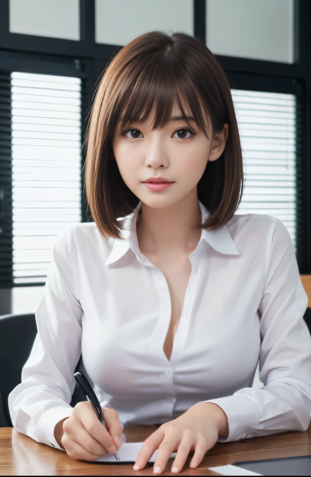 table top, highest quality, super detailed, finely, High resolution, 8k wallpaper, perfect dynamic composition, Beauty、、pat shoulders、beautiful and fine eyes,small face、neat girl、Slender、thin body、slender、white business shirt、natural color lip,office, get to the desk、a lot of documents on the desk,、Open the document and hold the pen、 brown hair、short bob、bangs bangs、beautiful big breasts,slender体型、 in trouble、half open mouth