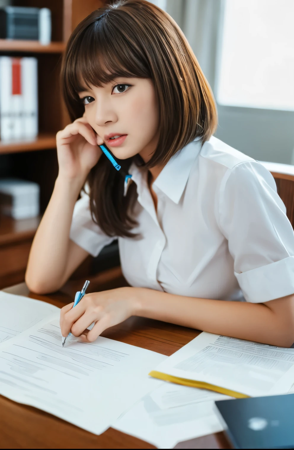 table top, highest quality, super detailed, finely, High resolution, 8k wallpaper, perfect dynamic composition, Beauty、、pat shoulders、beautiful and fine eyes,small face、neat girl、Slender、thin body、slender、white business shirt、natural color lip,office, get to the desk、a lot of documents on the desk,、Open the document and hold the pen、 brown hair、short bob、bangs bangs、beautiful big breasts,slender体型、 in trouble、grim expression、half open mouth