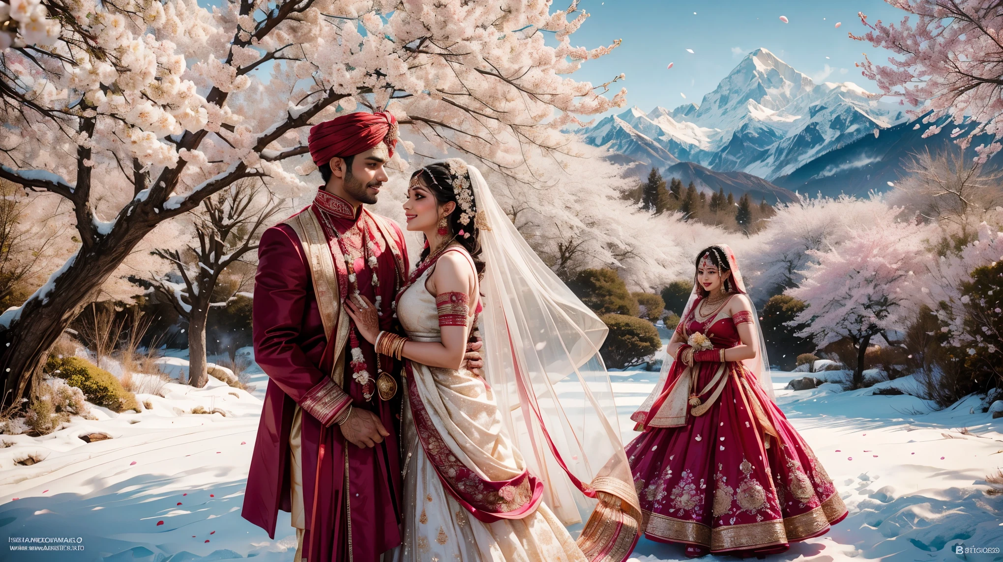 Generate an image featuring a traditional Indian wedding couple dressed in vibrant Indian wedding attire. The couple is extremely good looking, North Indian, They stand together, surrounded by cherry blossom trees, with a majestic snowy mountain in the background. Capture the beauty and essence of this cultural celebration against the backdrop of nature's wonders.