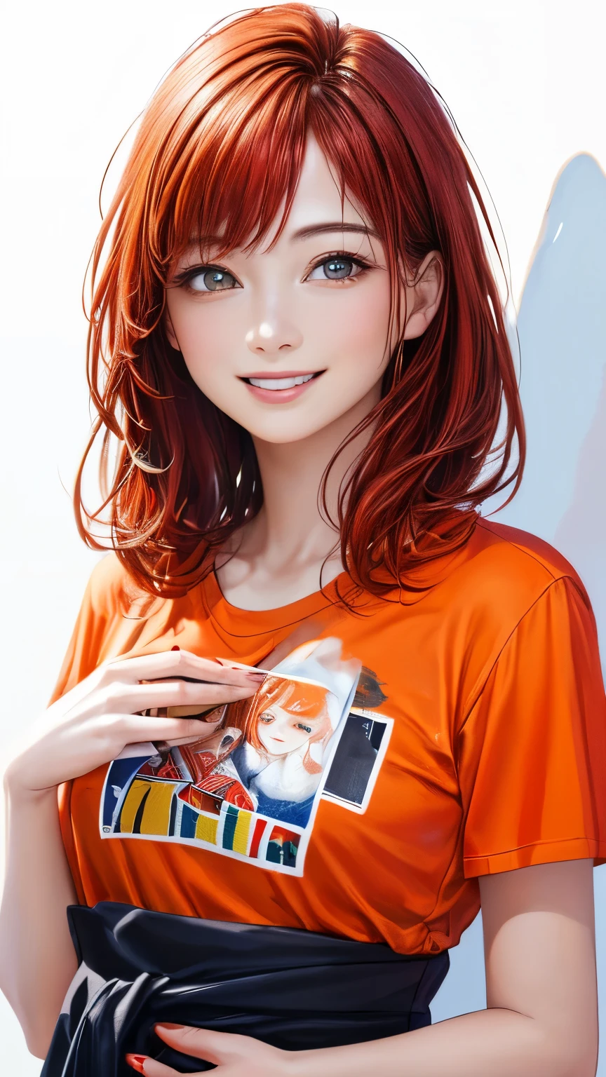 (highest quality、8K、32k、masterpiece)、(realistic)、(Photoreal:1.2)、(High resolution)、Super detailed、very beautiful face and eyes、1 girl、round and small face、thin waist、delicate body、(close、highest quality、high detail、rich skin details)、(highest quality、8K、oil paint:1.2)、Super detailed、(realistic、realistic:1.37)、bright colors、(((red hair)))、(((bust shot)))、(((Medium to)))、(((pure white wall background)))、(((pure white wall background)))、(((She has a happy expression)))、(((laughing)))、(((wearing an orange T-shirt)))、(((A T-shirt with a picture of playing cards on the chest..)))、(((look straight ahead)))、(((red hair)))、(((smiling)))、(((Hands are above the head)))、(((Cute pochette on the waist)))