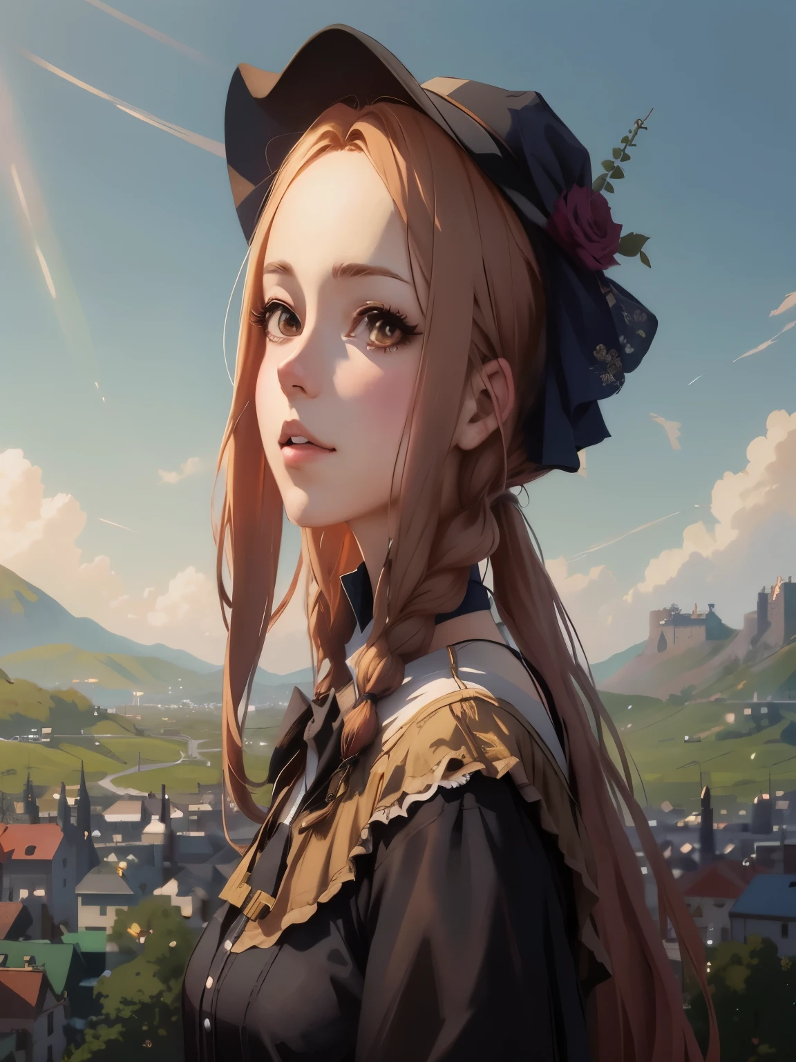 chica anime con pelo largo y un sombrero mirando hacia una ciudad, obra de arte al estilo de guweiz, hermoso retrato animado, guweiz en pixiv artstation, arte de anime digital detallado, Guweiz en ArtStation Pixiv, guweiz, retrato detallado de chica anime, digital anime illustration, retrato chica anime, retrato de una chica anime