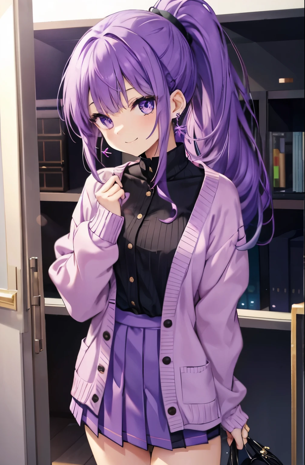 purple hair purple eyes、 girl、small breasts、Ponytail、smile、gal girl、wearing cute earrings、I can see your pants、gal、cute uniform、miniskirt、I can see my underwear、knit cardigan