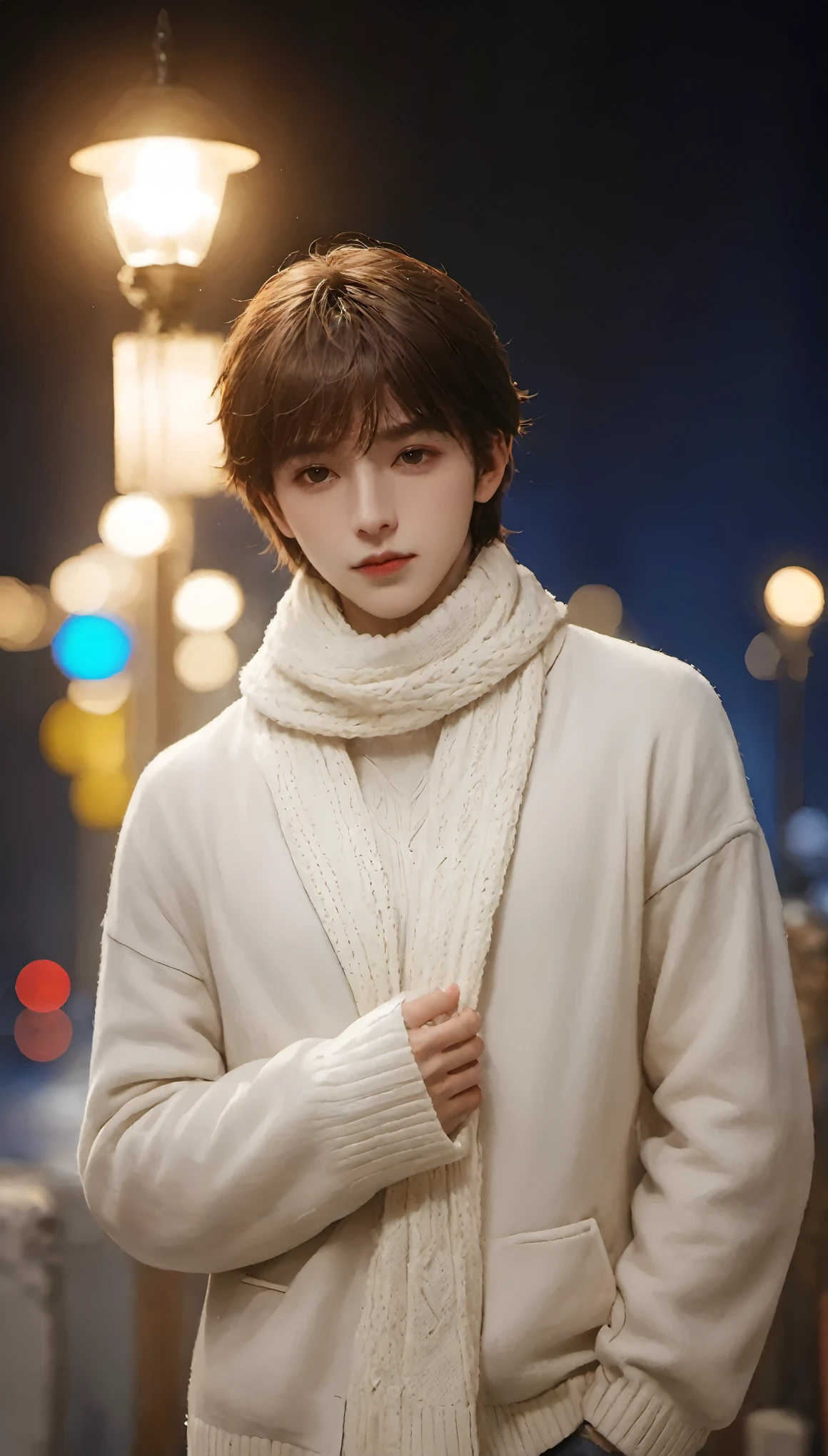 (masterpiece, best quality:1.2),1boy,brown eyes,brown hair,coat,scarf,Bangs,outdoor,standing,White sweater,night,lamp,sweater,lips,looking at viewer,realistic,Long hair,solo