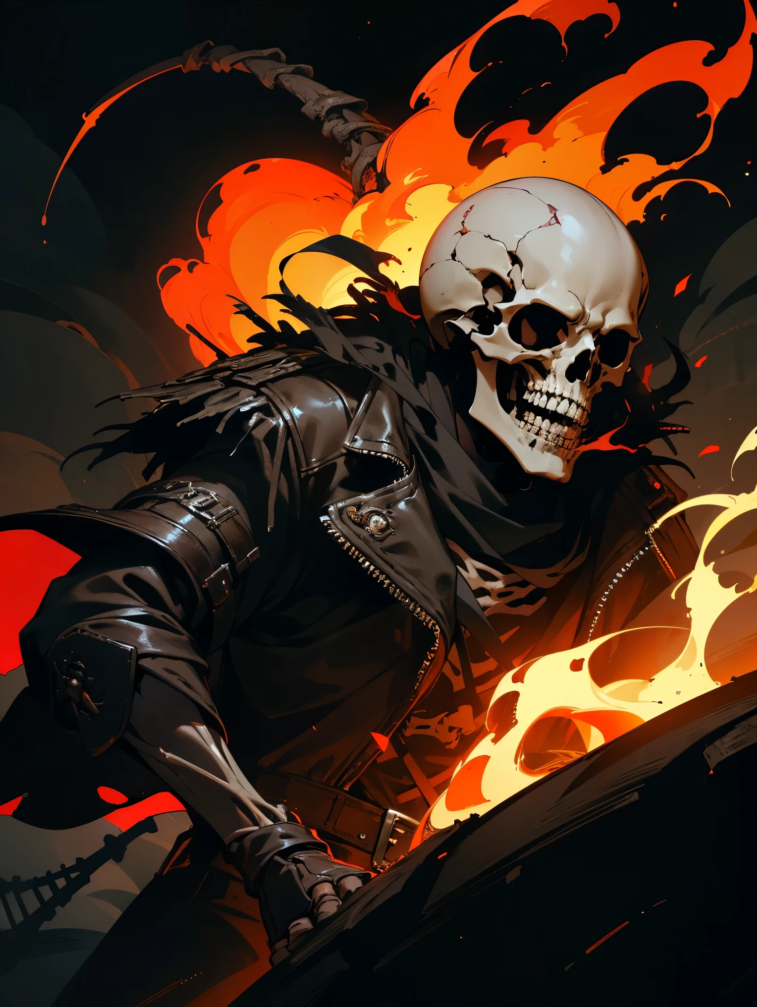 (best quality,4k,8k,highres,masterpiece:1.2),ultra-detailed,1male,skeleton head,head on fire,red eyes,black biker jacket,chain wrapped around forearm,black gloves,dark background,dramatic lighting,smoke rising,fiery atmosphere,sinister vibes,glowing embers,contrast between light and shadow