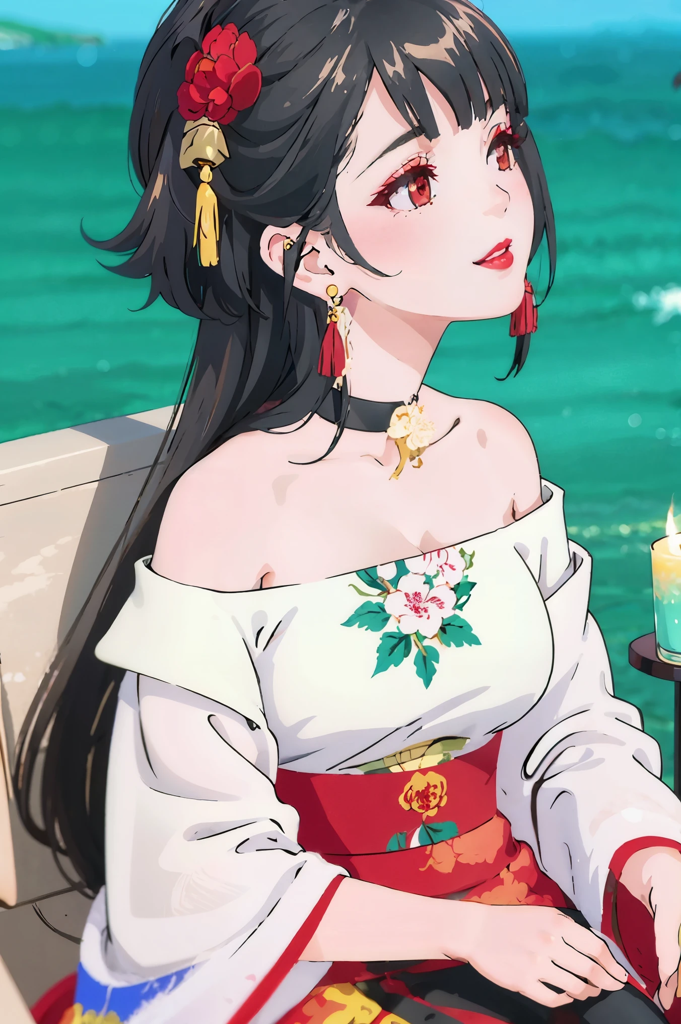 1girl,hair ornament,solo,flower,hair flower,candle,earrings,jewelry,black hair,black eyes,blurry,lips,red lips,looking at viewer,tassel,depth of field,makeup,realistic,(red_clothes:1.3),chinese clothes,floral print,upper body,medium breasts,off-the-shoulder,sitting,smile
