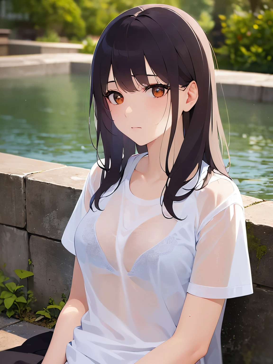 (looking down:1.2), see-through wet shirt, wet hair, Upper Body, Realistic, real person, (pale skin: 1.2), RAW photo, photorealistic, portrait photography, shiny skin, japanese idol、shiny hair、(25 year old woman with medium hair with bangs) and (wavy hair) and (brown hair) and (orange eyes) , Wearing a white V-neck cut-and-sew 、(sad:1.2), The background is a park、Alone、sitting on the bench
