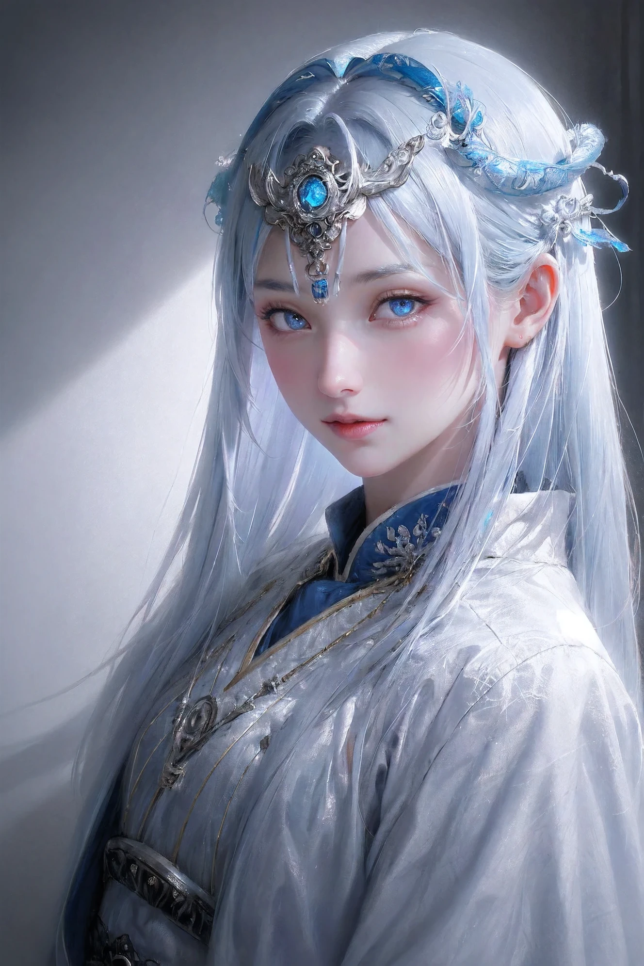 portraits,ultra-detailed,Intricate details EABA,blue eyes,white hair,long hair,cloaks,Samurai,Armor,samurai helmet,vivid colors,soft light,