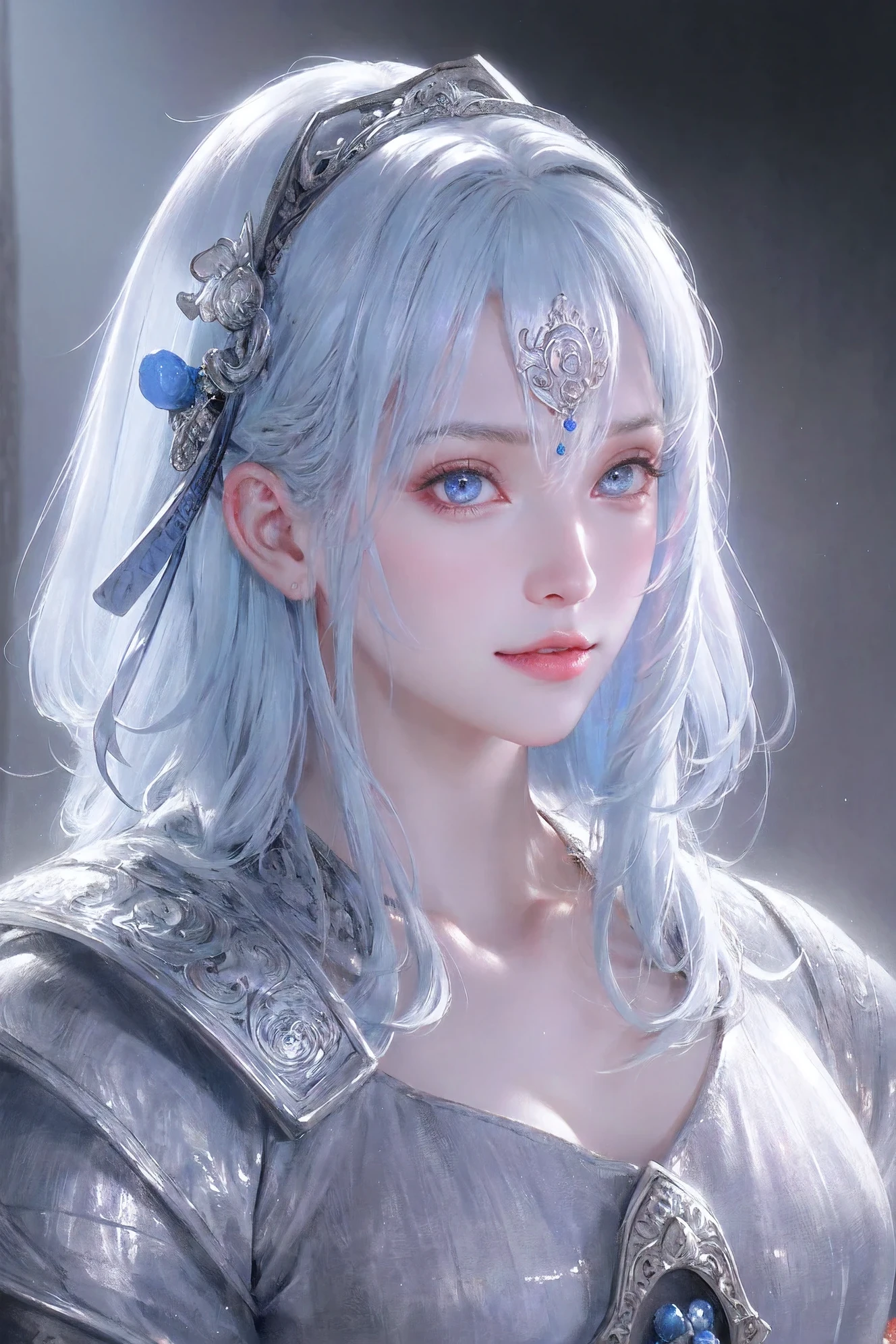 portraits,ultra-detailed,Intricate details EABA,blue eyes,white hair,long hair,cloaks,Samurai,Armor,samurai helmet,vivid colors,soft light,