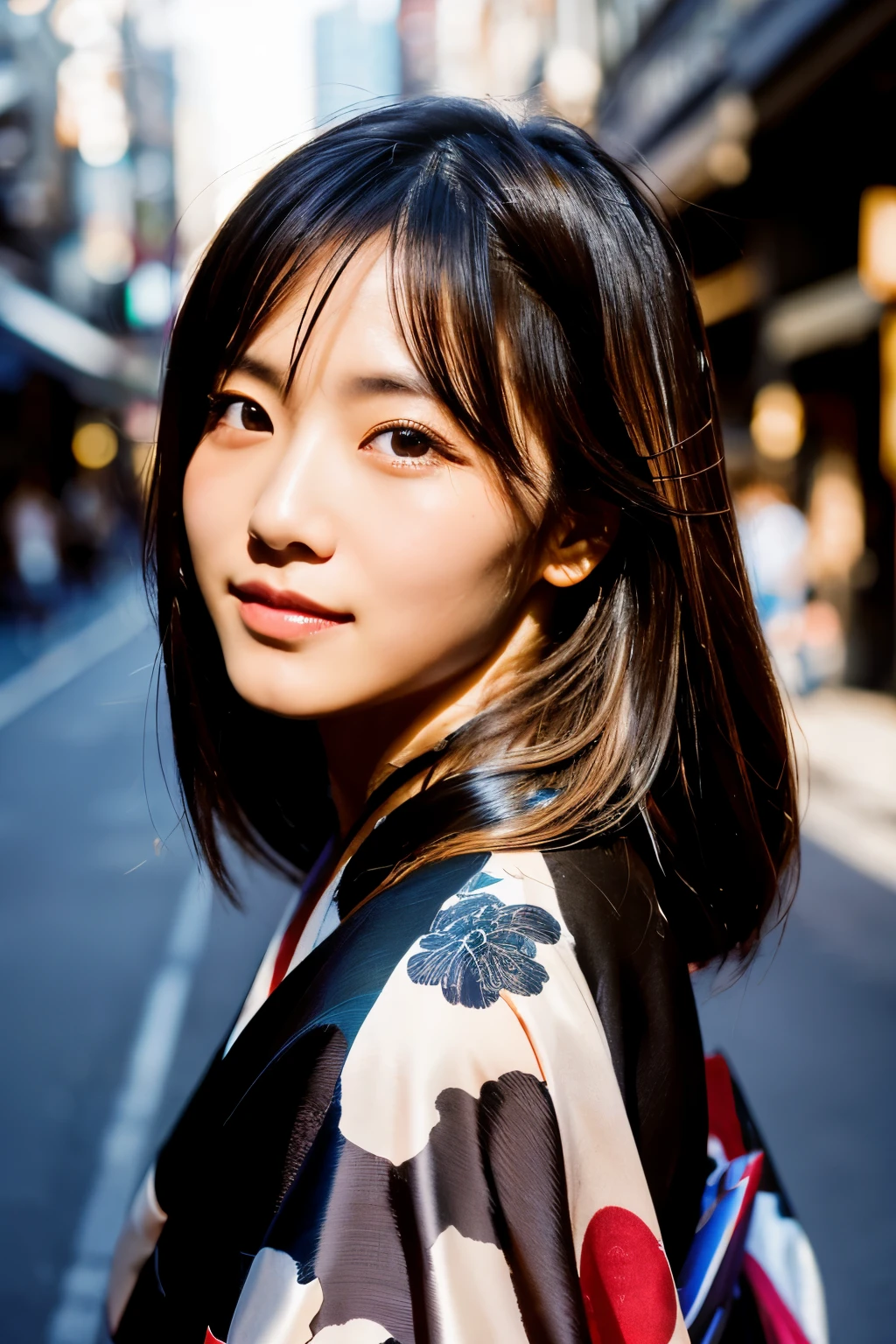 Beautiful Japanese supermodel woman, A lock of hair with slight highlights, black eyes, Sexy，street background，Gorgeous kimono , Liquid color flows across her face, Shooting against the light，perfect light and shadow，mixed media