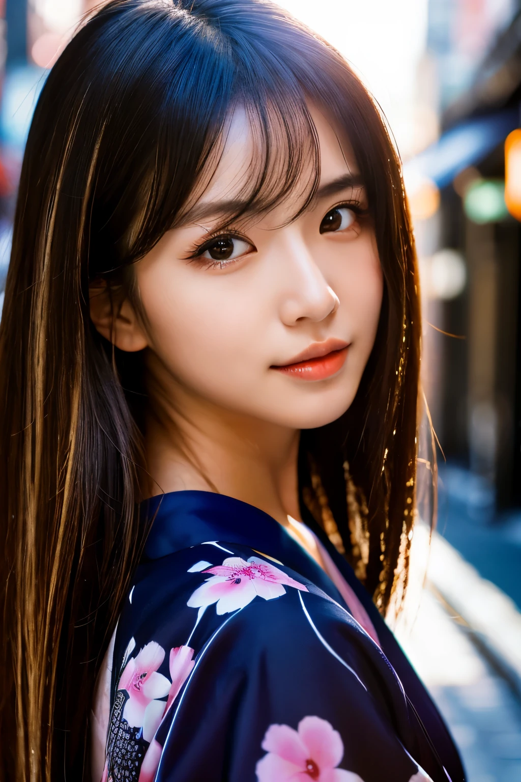 Beautiful Japanese supermodel woman, A lock of hair with slight highlights, black eyes, Sexy,street background,Gorgeous kimono , Liquid color flows across her face, Shooting against the light,perfect light and shadow,mixed media