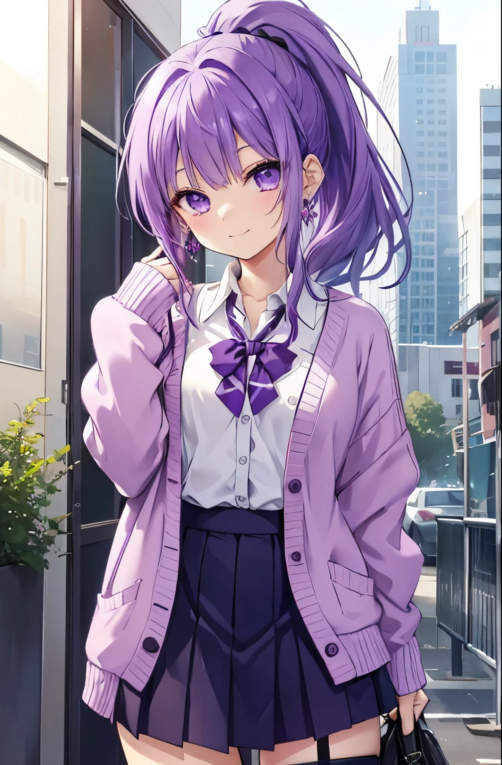 purple hair purple eyes、 girl、small breasts、Ponytail、smile、gal girl、wearing cute earrings、I can see your pants、gal、cute uniform、miniskirt、I can see my underwear、knit cardigan