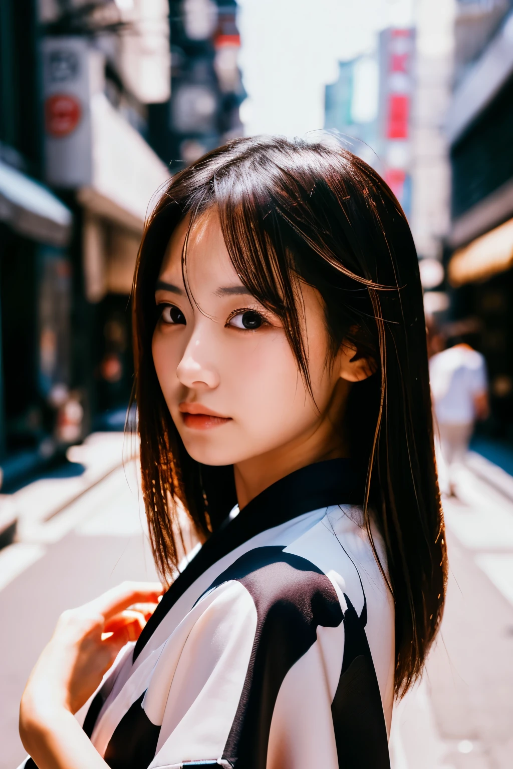 Beautiful Japanese supermodel woman, A lock of hair with slight highlights, black eyes, Sexy,street background,Gorgeous kimono , Liquid color flows across her face, Shooting against the light,perfect light and shadow,mixed media