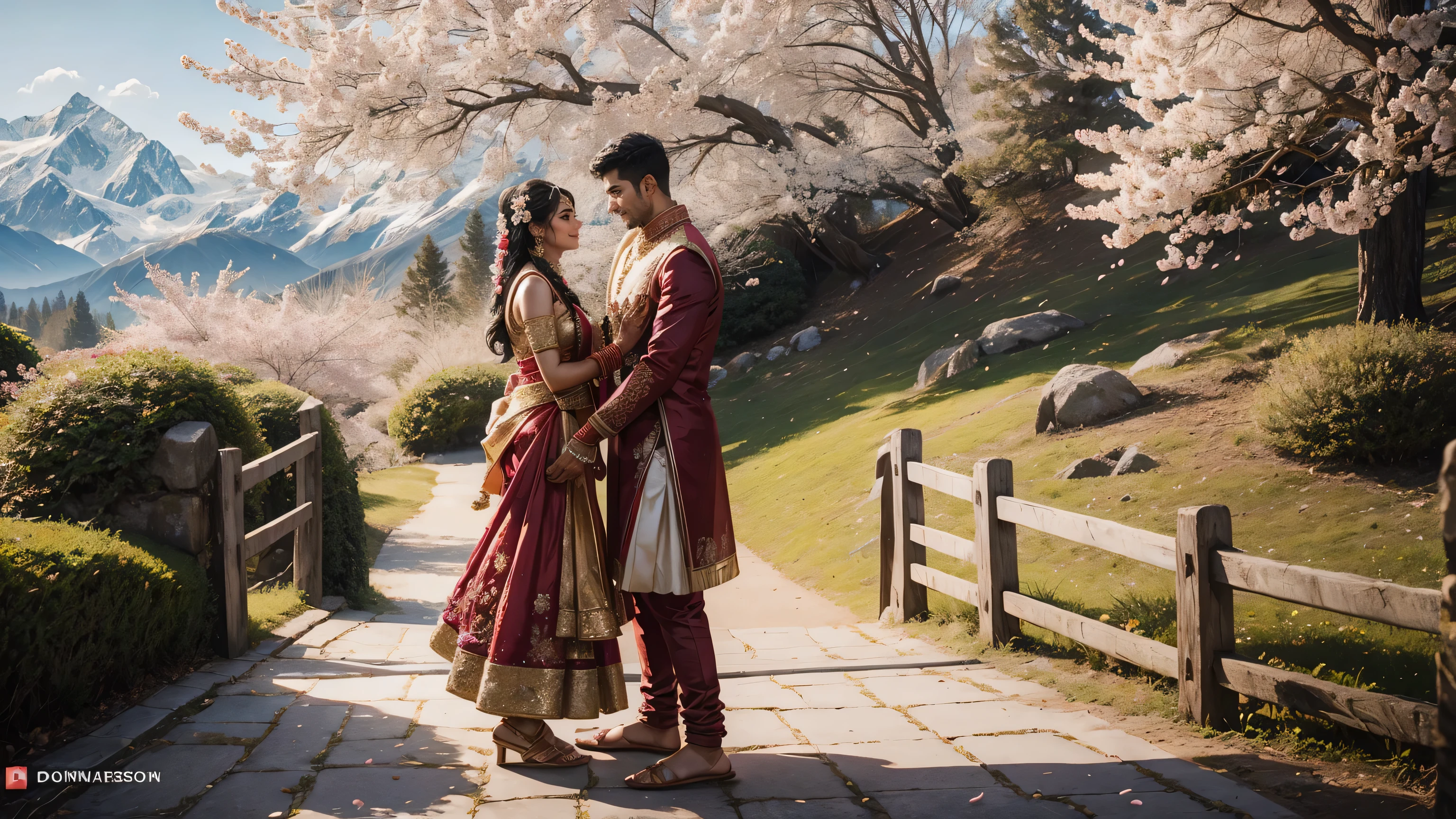 Generate an image featuring a traditional North Indian wedding couple dressed in vibrant Indian wedding attire. The couple is extremely good looking. They stand together, surrounded by cherry blossom trees, with a majestic snowy mountain in the background. Capture the beauty and essence of this cultural celebration against the backdrop of nature's wonders.