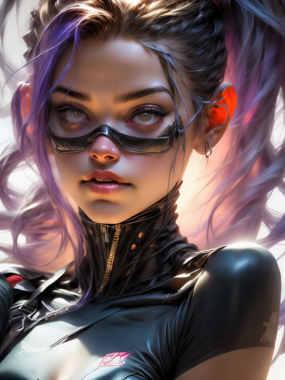 un primer plano de una mujer joven sensual, sonrrisa sensual,con un helado en una mano acercandolo a su boca, con un tatuaje en el brazo y megilla peinado cyberpunk con un mechon de pelo de color rosado, chica hermosa ciberpunk, beautiful cyberpunk girl face, cyberpunk dreamy girl, arte cyberpunk ultrarrealista 8k, cyberpunk 2 0 years. o model girl, hermosa modelo de mujer cyberpunk, el retrato de la chica cyberpunk, Arte digital 32k muy detallado, hermosa obra de arte digital, cyborg cyberpunk. rosas, arte digital realista 8k, iluminacion suave de neon en el rostro y cuerpo