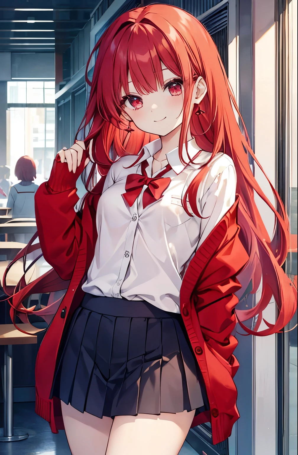red hair red eyes、 girl、small breasts、long hair、smile、gal girl、wearing cute earrings、I can see your pants、gal、cute uniform、miniskirt、I can see my underwear、knit cardigan