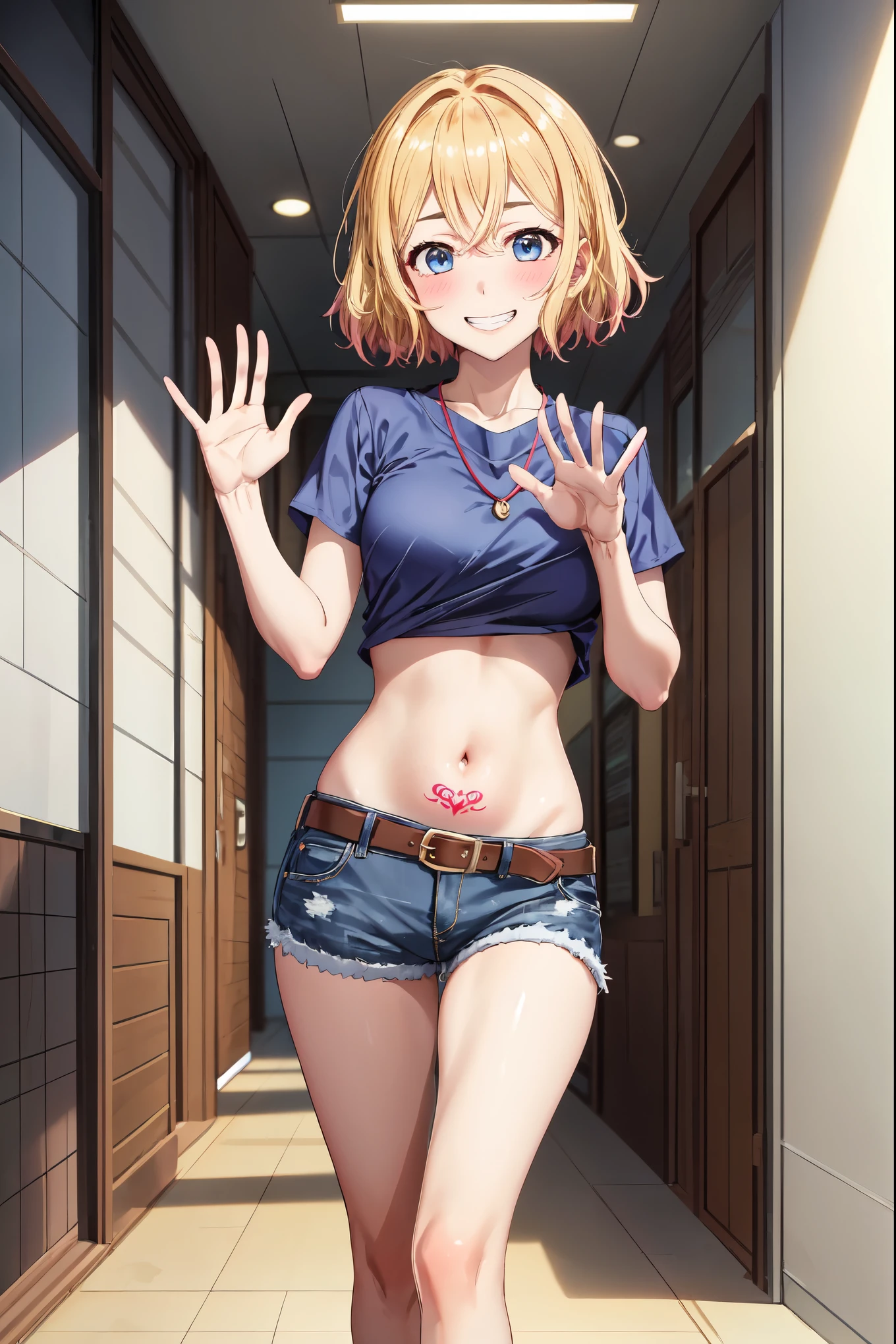 (8K、Best image quality、Highest quality、masterpiece)、Sunburned skin，Brown Skin，5 years old，Detailed face、1 Girl、blonde、Red eyes、Earrings、Wicked Smile、Small breasts、One piece swimsuit、Underarm、Cowboy Shot、blue sky、storehouse，Red School Bag，naked，全naked