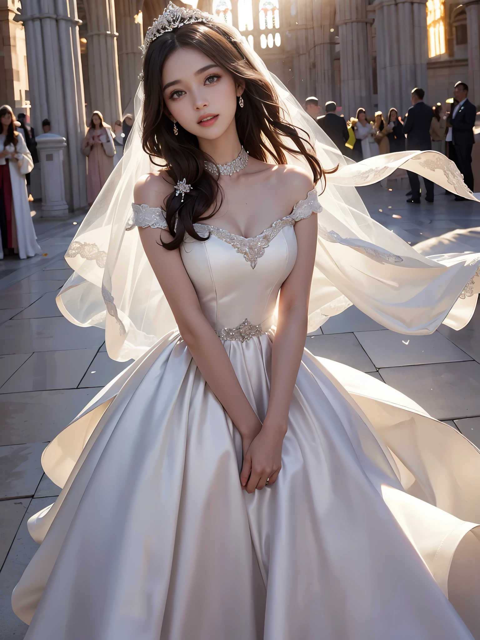 best quality, masterpiece, only 1 girl, huge laugh, cute teen, shiny lips, sweet, sun glare, Conservative attire, wedding dress, bridal tiara, depth of field, blurred background, Cathedral Background, light particles, strong wind, head tilt, long hair,