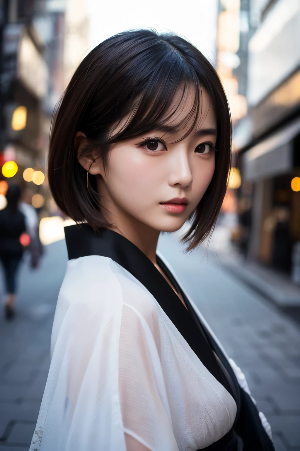 Beautiful Japanese supermodel woman, A lock of hair with slight highlights, black eyes, Sexy,street background,Gorgeous kimono , Liquid color flows across her face, Shooting against the light,Perfect facial lighting,mixed media