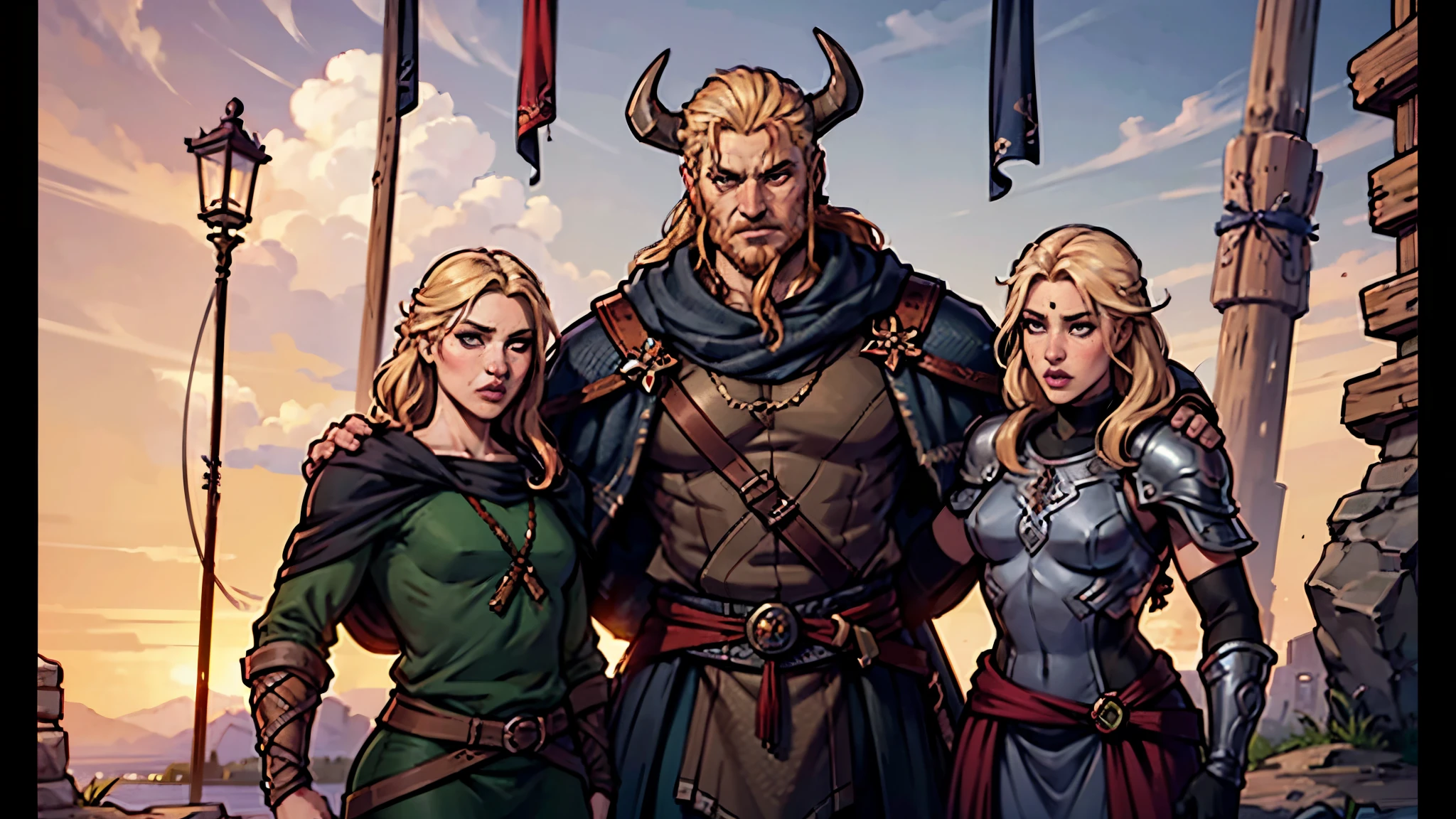 3others, 3man, Three Vikings, from game "The Lost Vikings", Fast small red hair male Viking, Strong thick blonde hair male Viking, Fat gray hair male Viking