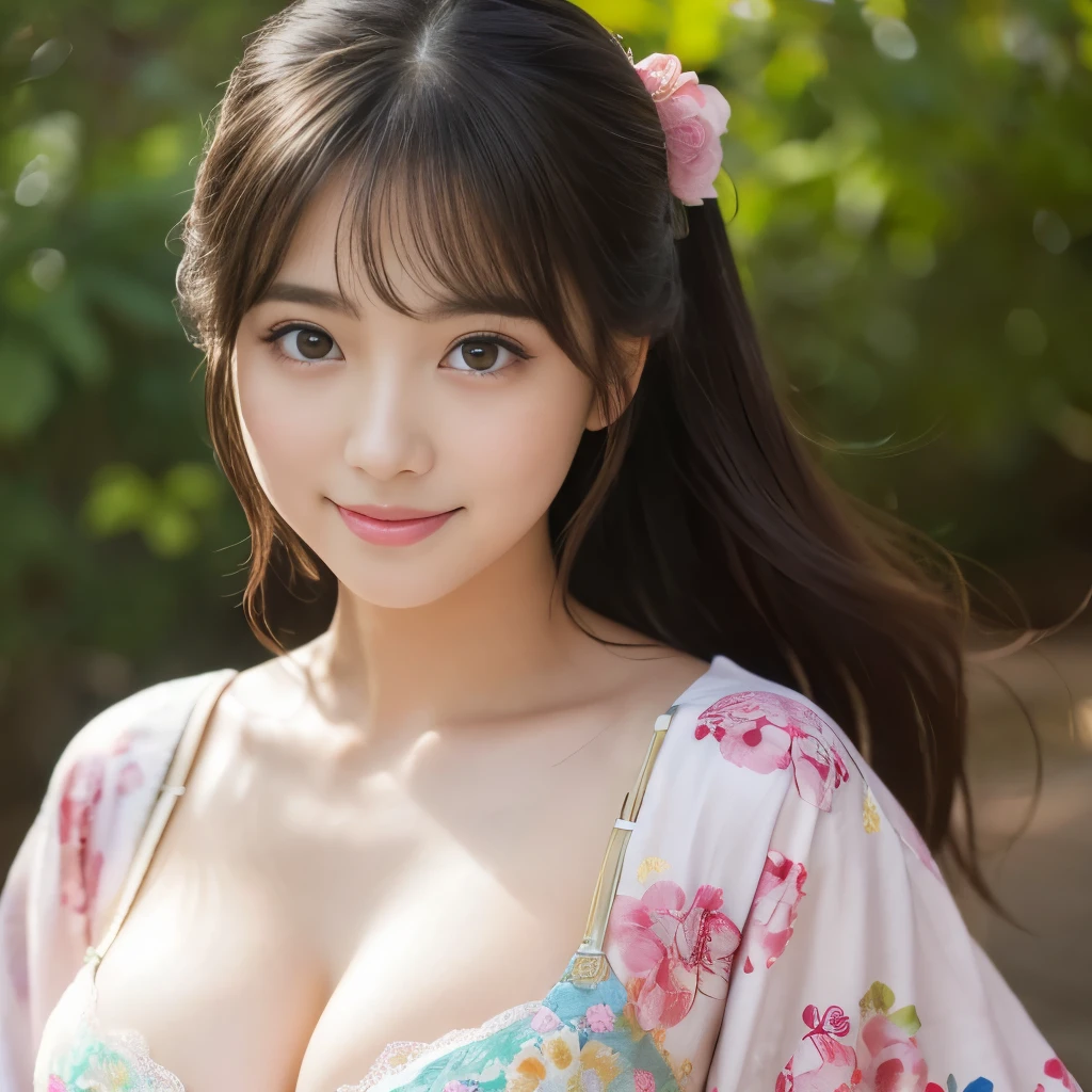 Best-quality, Masterpiece, Ultra-High-Resolution, (Photorealistic:1.4), Raw-Photo, 1girl, the most famous Japanese idol, wearing Japanese-KIMONO, looking at viewer, innocent-smile, (the most cute face, ((the most beautiful big-eyes)), the most beautiful hair, the most beautiful skins), the most beautiful long-eyelashes, the most beautiful lips, ((the most beautiful abundant-cleavage that wearing brassiere with cute-design))