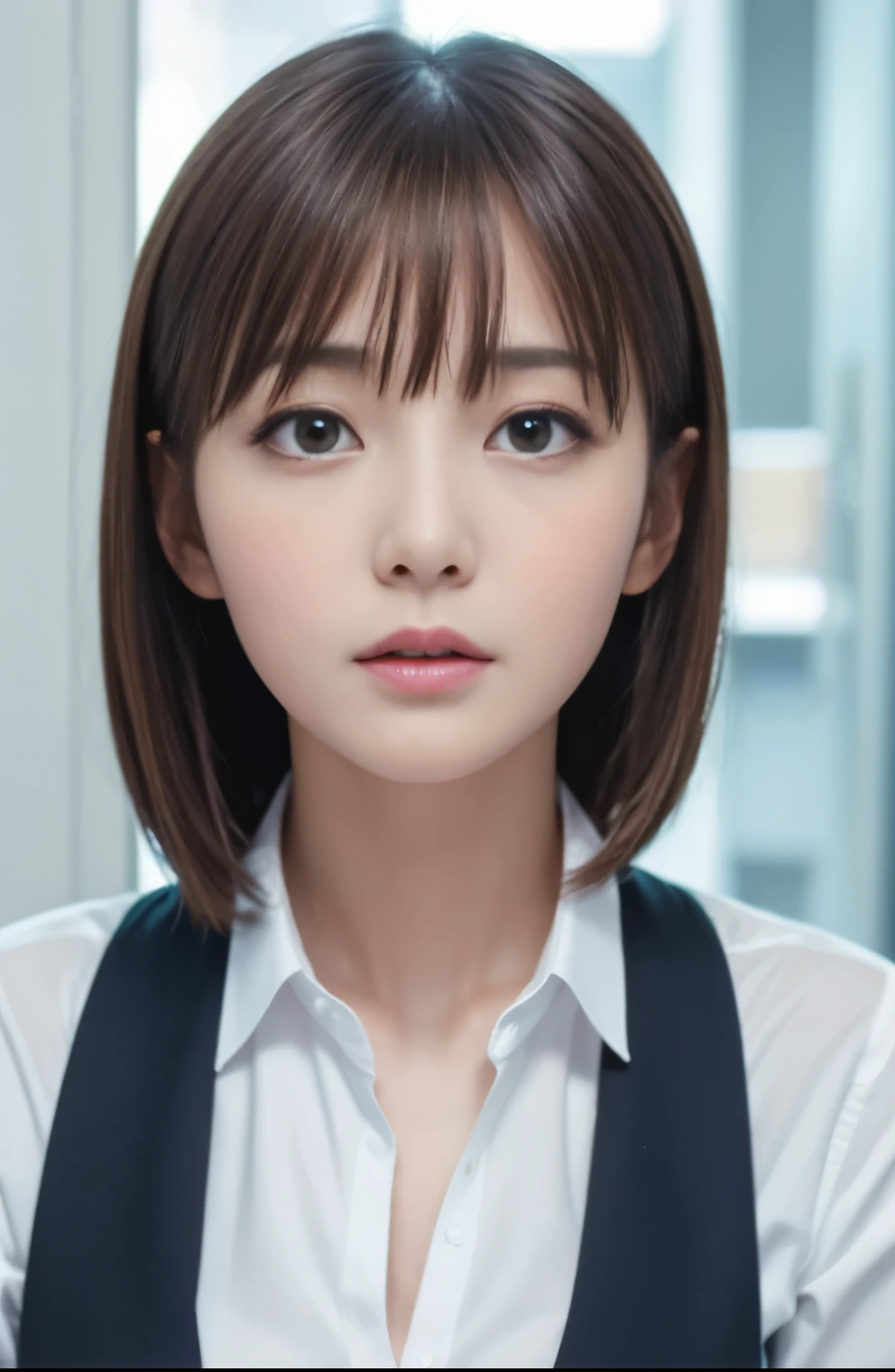 table top, highest quality, super detailed, finely, High resolution, 8k wallpaper, perfect dynamic composition, Beauty、、pat shoulders、beautiful and fine eyes,small face、neat girl、Slender、thin body、slender、white business shirt、natural color lip,office, get to the desk、a lot of documents on the desk,、hit the keyboard、My eyes are on the desktop screen、 brown hair、short bob、bangs bangs、beautiful big breasts,slender体型、 in trouble、grim expression、half open mouth