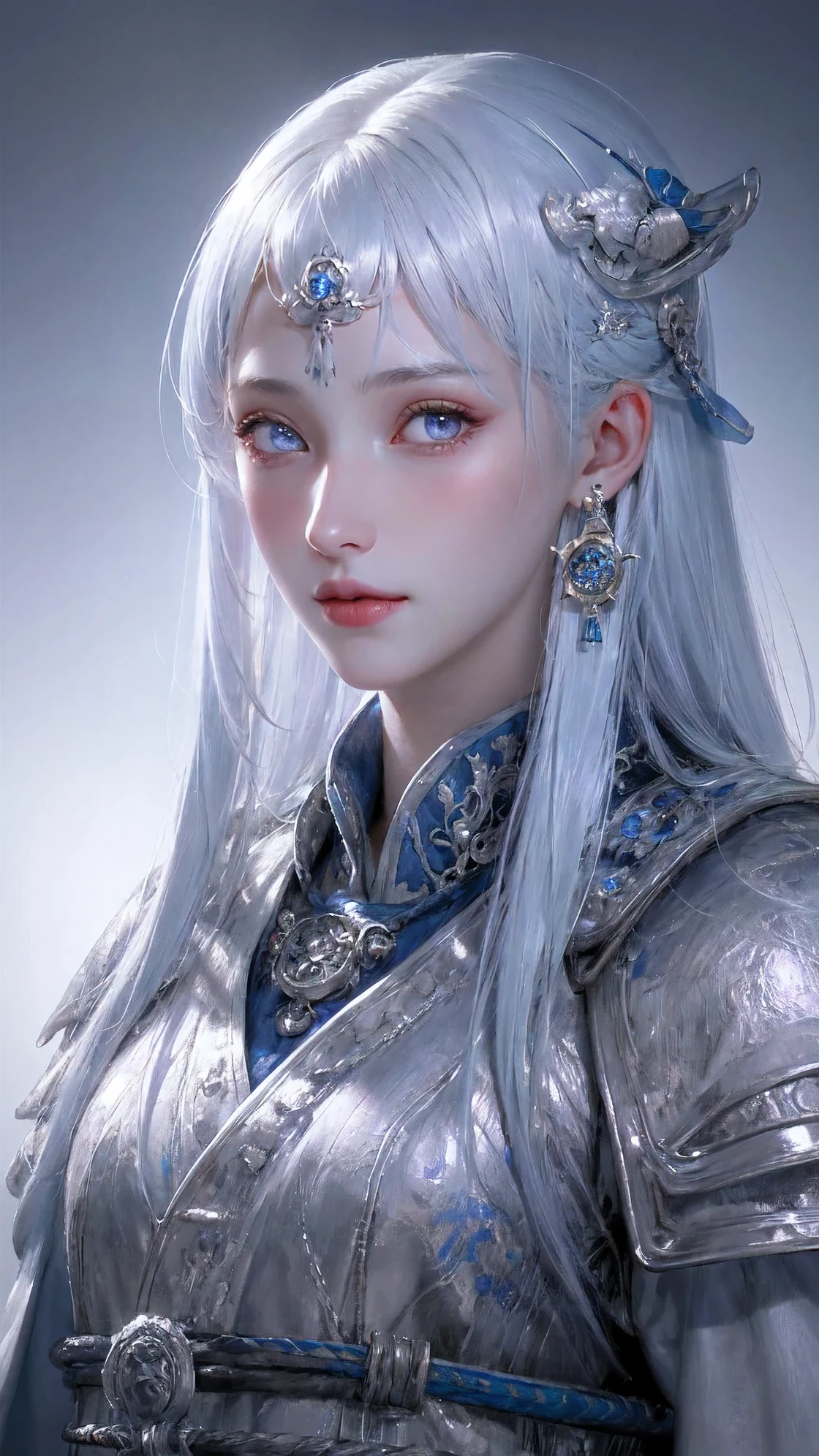 portraits,ultra-detailed,Intricate details EABA,blue eyes,white hair,long hair,cloaks,Samurai,Armor,samurai helmet,vivid colors,soft light,