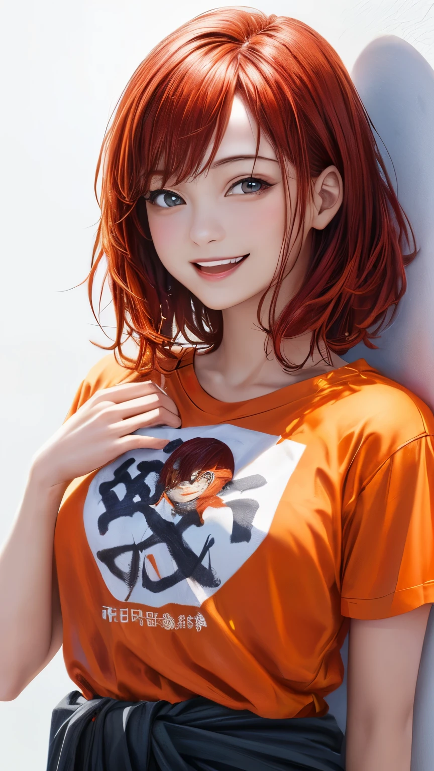 A woman with red hair and a t - shirt is posing for a picture - SeaArt AI