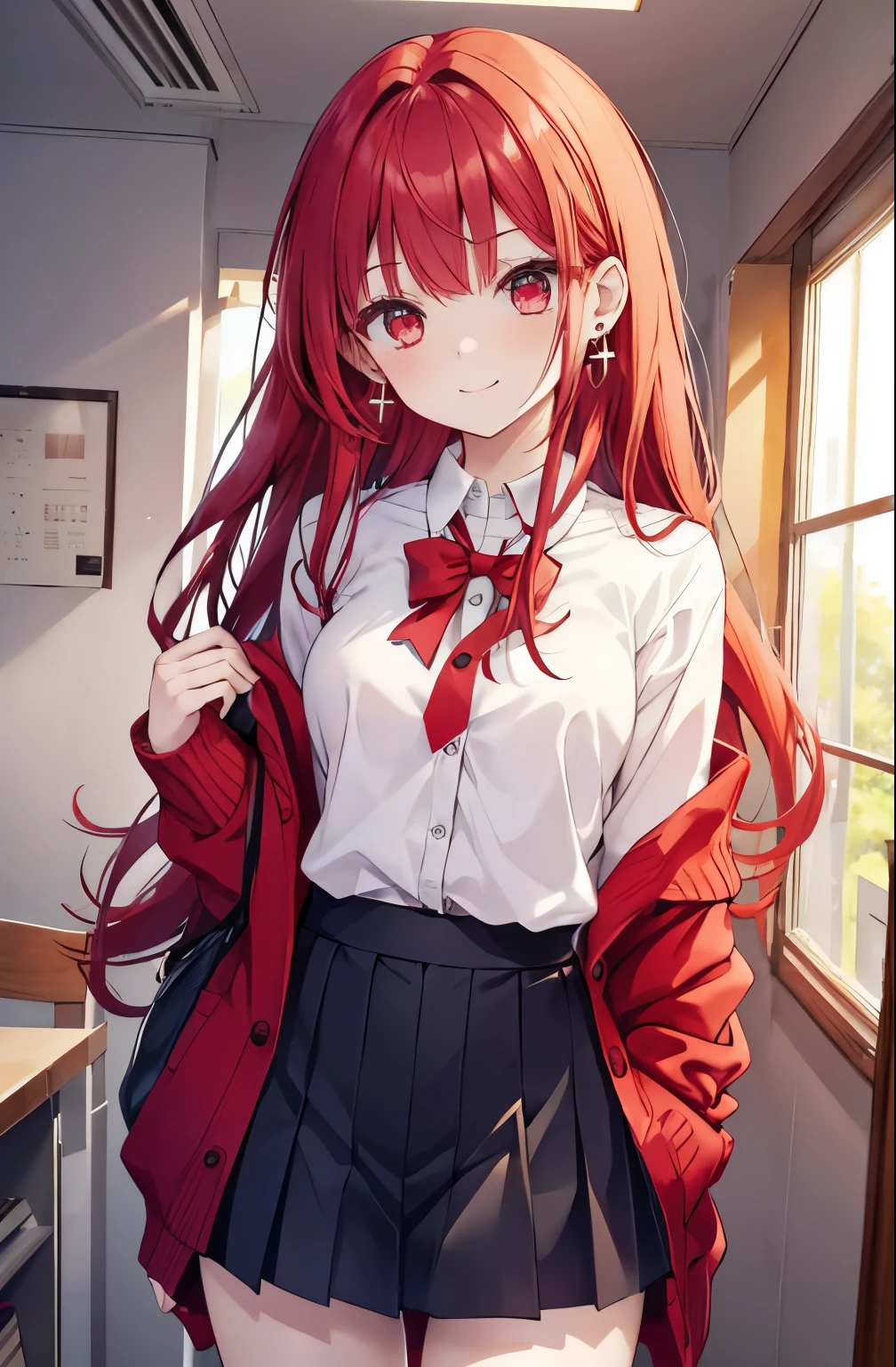 red hair red eyes、 girl、small breasts、long hair、smile、gal girl、wearing cute earrings、I can see your pants、gal、cute uniform、miniskirt、I can see my underwear、knit cardigan