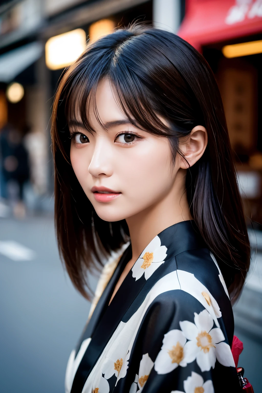 Beautiful Japanese supermodel woman, A lock of hair with slight highlights, black eyes, Sexy,street background,Gorgeous kimono , Liquid color flows across her face, Shooting against the light,Perfect facial lighting,mixed media