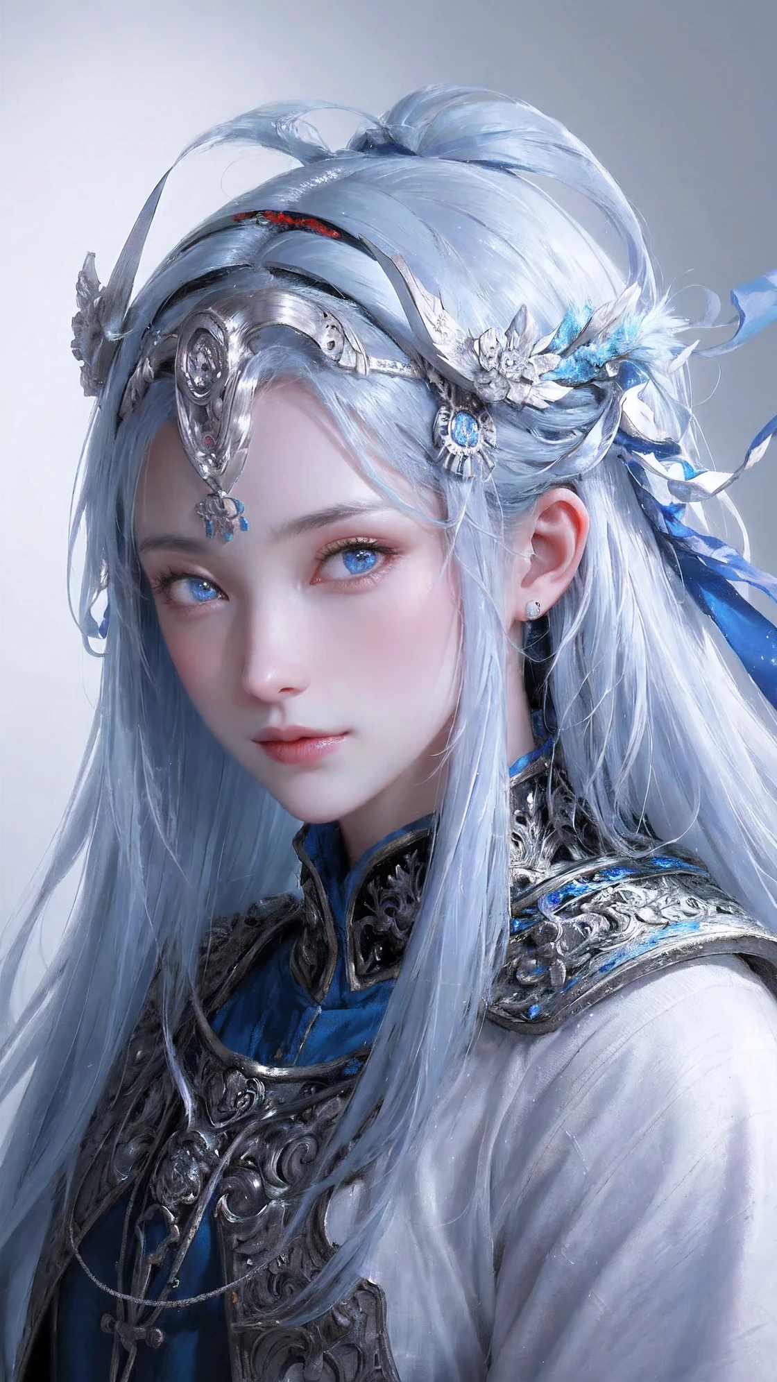 portraits,ultra-detailed,Intricate details EABA,blue eyes,white hair,long hair,cloaks,Samurai,Armor,samurai helmet,vivid colors,soft light,