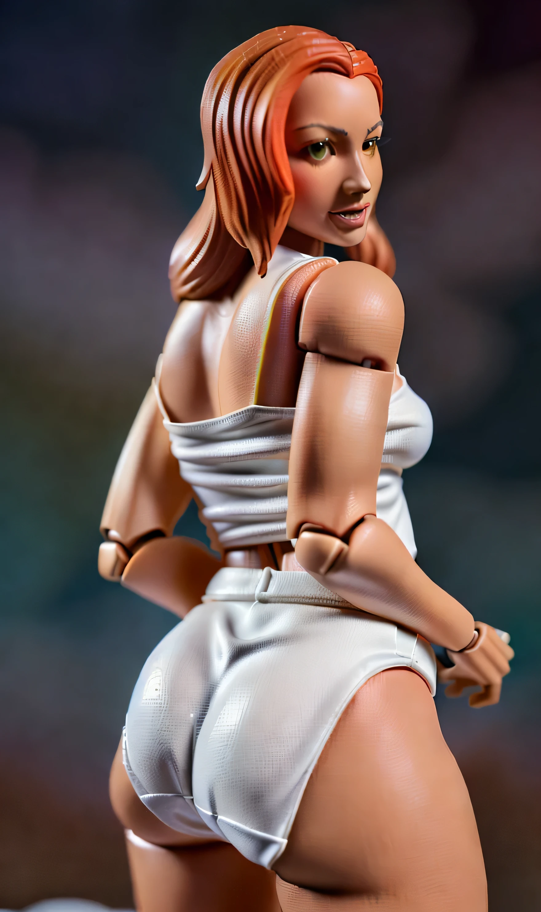 ((((masterpiece, best quality)))), ((33 year old)), (((Curvy))), ((Latina with long red hair)), in ((white tanktop)), ((white high cut fullback panties)), ((Large Hips)), ((Standing in a messy bedroom)), (((realistic Action figure, toy close up, detailed figurine)))