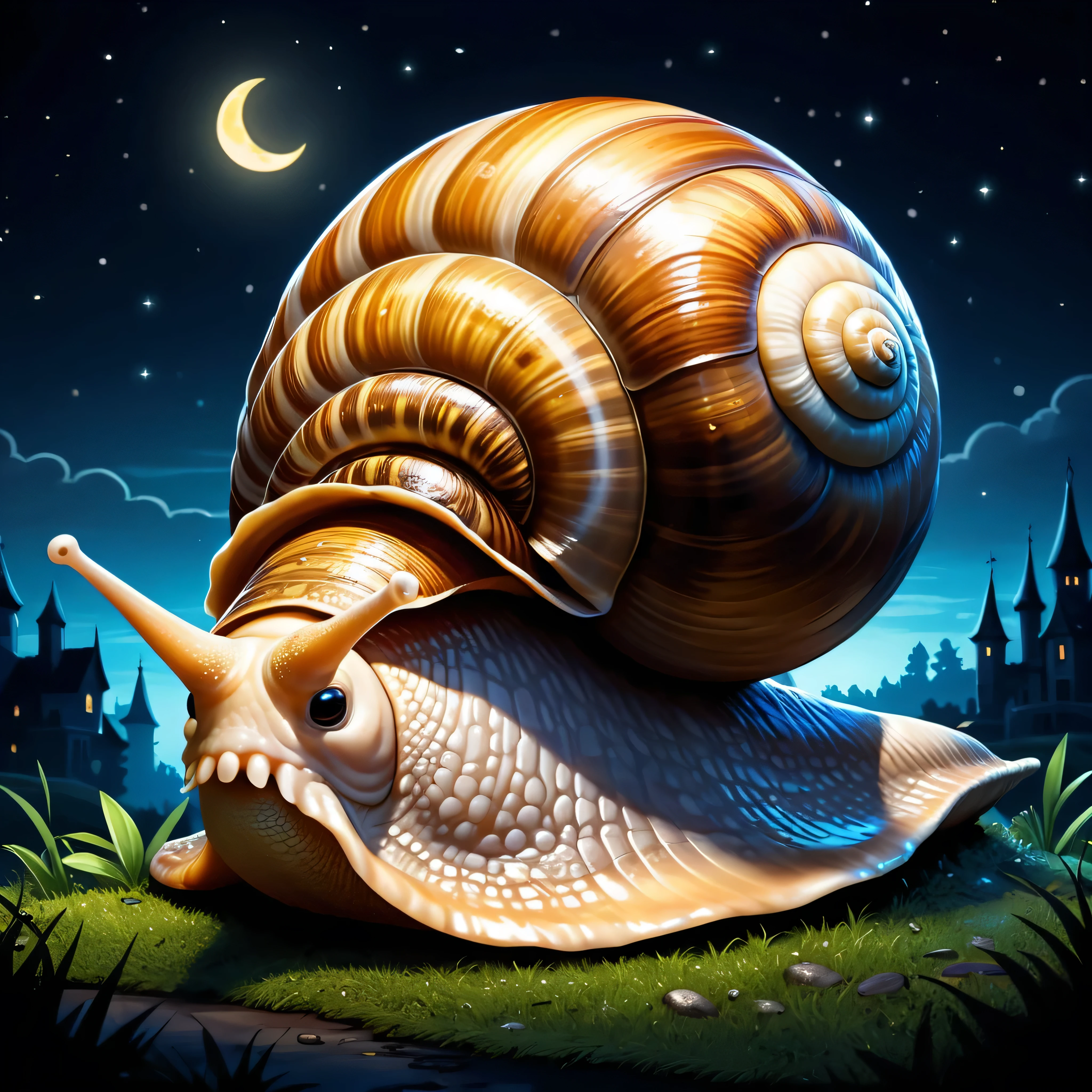 Cute cartoon illustration, masterpiece in maximum 16K resolution, superb quality, enormous house-size snail, its shell has intricate skull patterns shimmering in the moonlight, (epic) gothic background. | ((More_Detail))