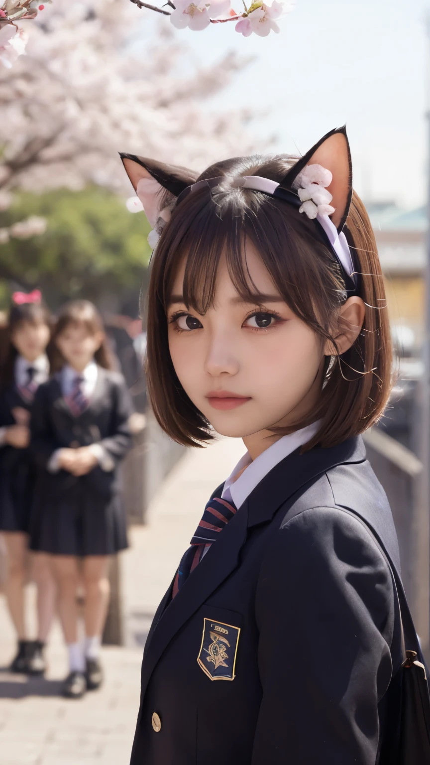 masterpiece, 4k, Bokeh, beautiful face, (multiple girls:1.4), Harem, (group photo:1.2), (Cat ears:1.3), medium bob hair, school uniform, graduation, looking at the viewer, cherry blossoms, cowboy shot,