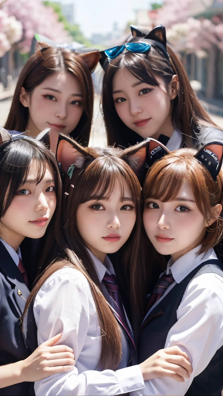 masterpiece, 4k, Bokeh, beautiful face, (multiple girls:1.4), Harem, (group photo:1.2), (Cat ears:1.3), medium bob hair, school uniform, graduation, looking at the viewer, cherry blossoms, cowboy shot,