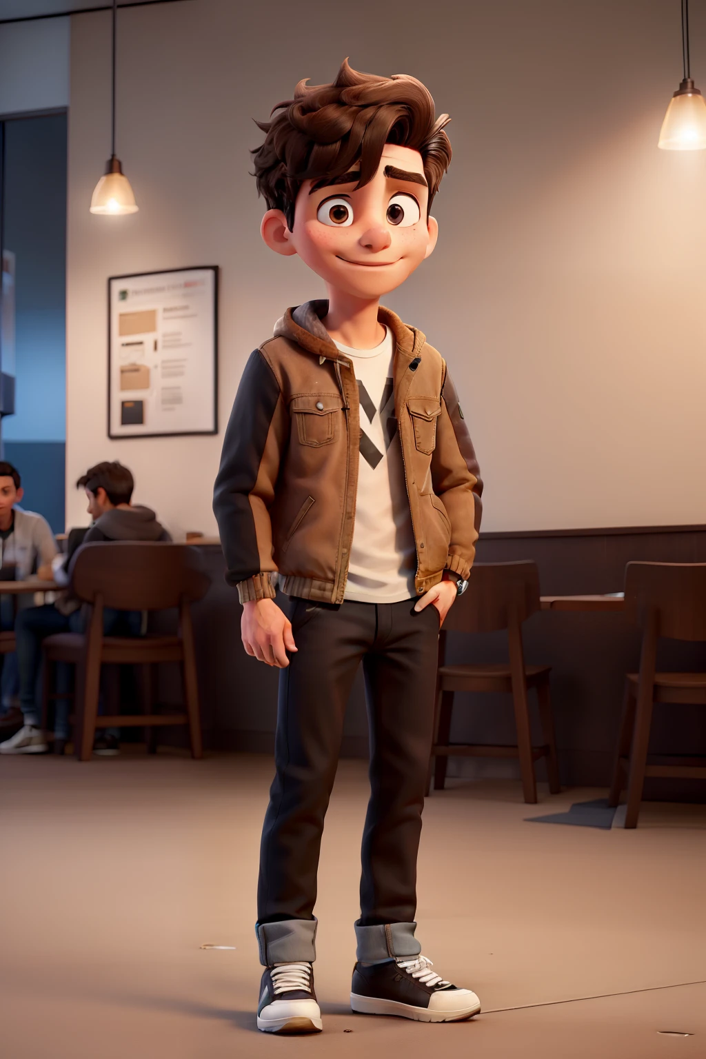 Young white man medium dark brown hair brown eyes wearing jacket Grab jeans black sneakers in the coffee in a Jakarta coffee