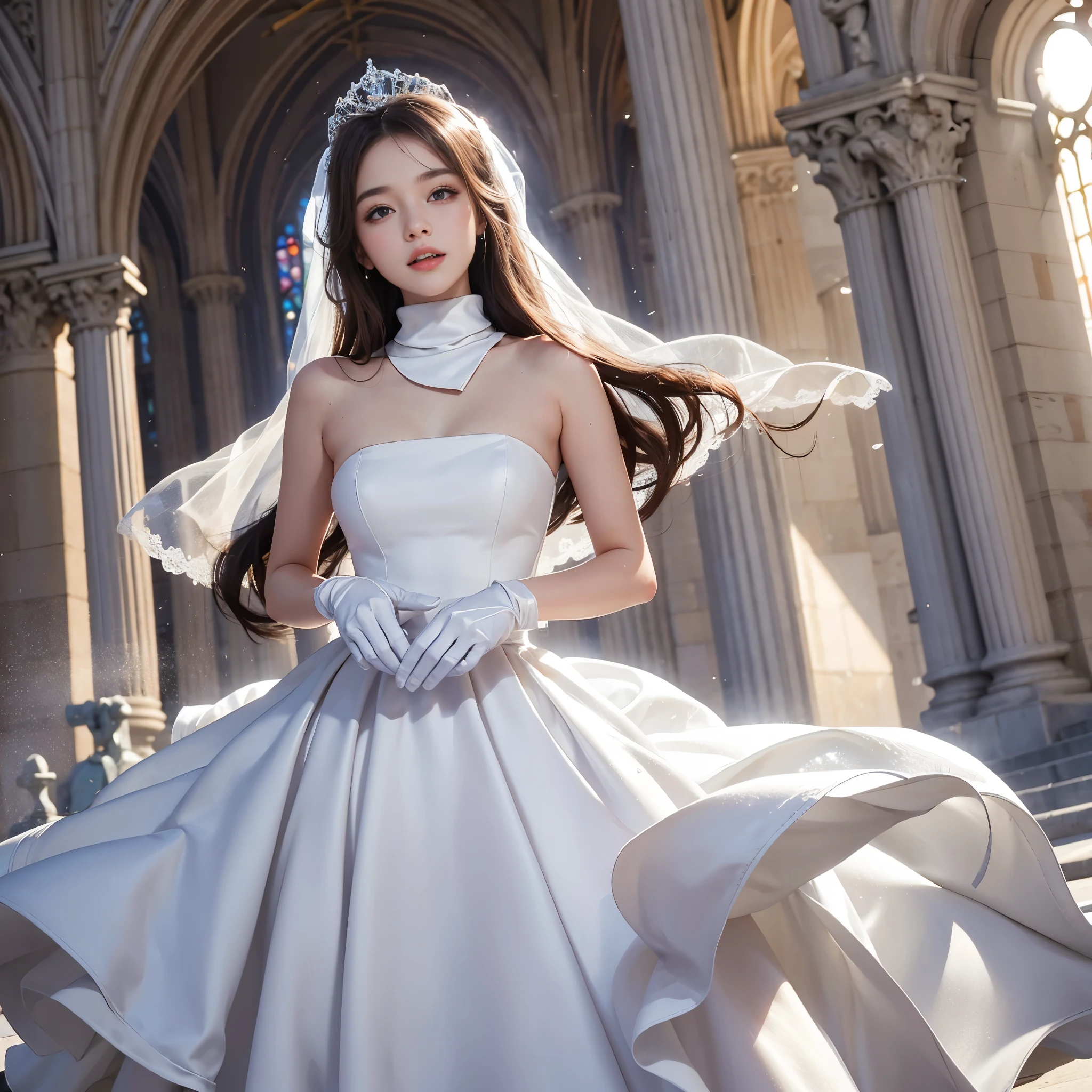 best quality, masterpiece, only 1 girl, huge laugh, cute teen, shiny lips, sweet, sun glare, Conservative attire, turtleneck wedding dress, bridal tiara, white gloves, depth of field, blurred background, Cathedral Background, light particles, strong wind, head tilt, long hair, 