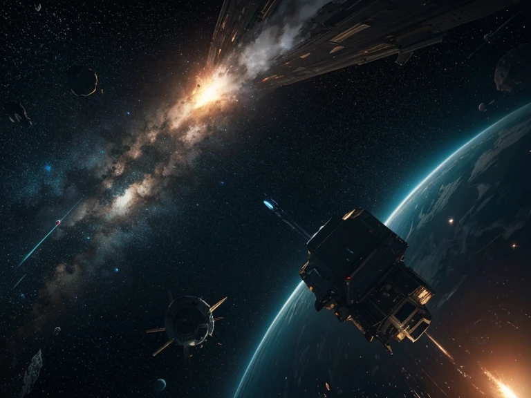 Realistic space battle scene in outer space, shooting from spaceships, explosions and debris, epic scale of what is happening, high definition, high detail, the battle scene is described in detail, high contrast of objects in dark outer space, digital frame processing, ray tracing, high realism, 32k, depth of field