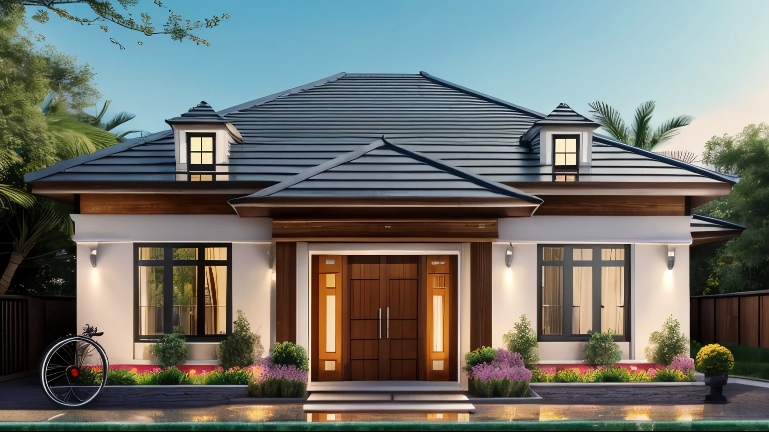 8k ultra realistic, quality of'image HD, Net Detail, accents de plafond en bois, large glass windows, Maison de campagne, toit de chaume, sol en bois, large fish pond, grande pelouse, paisibles palmiers américains hauts, a une ruelle, located in a residential area, style moderne, ciel chatoyant, Sunset light, se sent paisible, beau, proche et chaleureux, ((Warm light from the'interior:1.3)), (Day light:1.2), perfect lighting,dynamic light,2 large glass doors,(((1 large bay window:1.3))), (veilleuse), (fleurs colorées devant la maison), (ciel de nuit:1.1)
