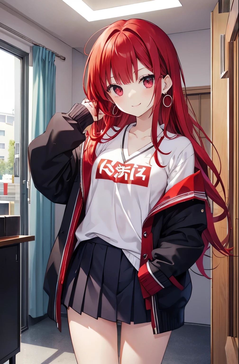 red hair red eyes、 girl、small breasts、long hair、smile、gal girl、wearing cute earrings、I can see your pants、gal、cute uniform、miniskirt、I can see my underwear、knit cardigan