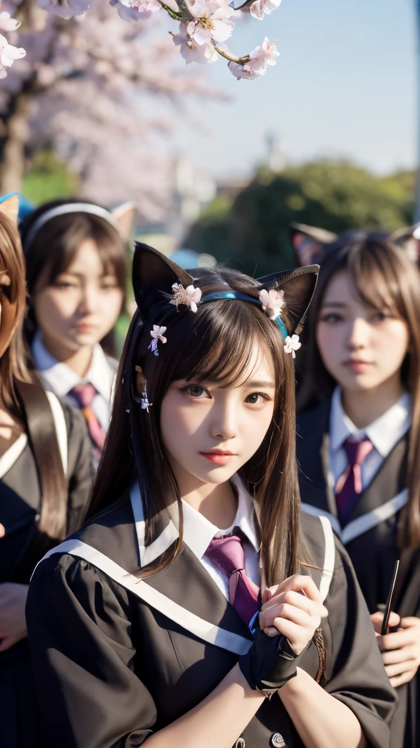 masterpiece, 4k, Bokeh, beautiful face, (multiple girls:1.4), Harem, (group photo:1.2), (Cat ears:1.3), medium bob hair, school uniform, graduation, looking at the viewer, cherry blossoms, cowboy shot,
