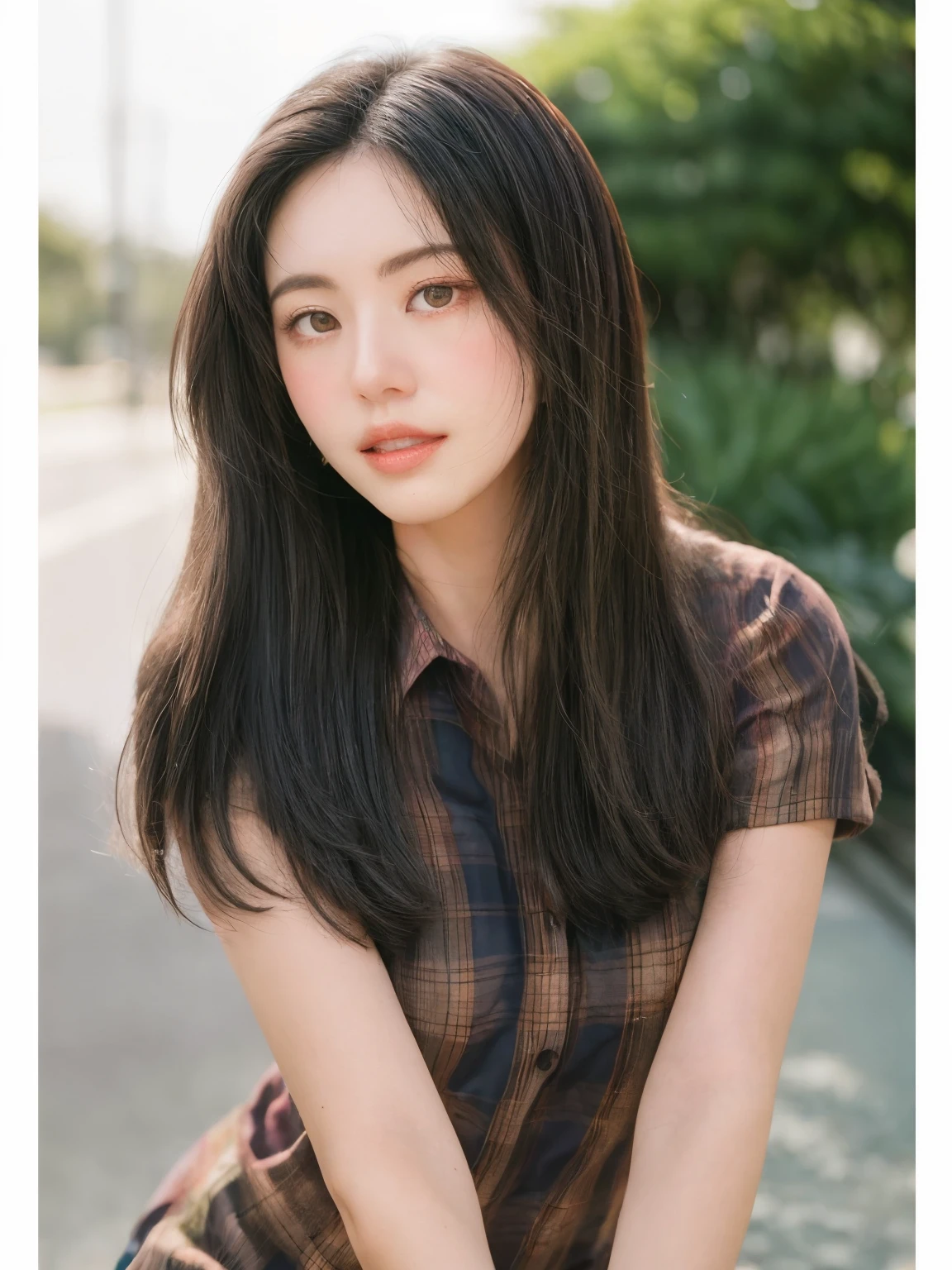 A half Body Photo of a beautiful brunette japanese girl, bright eyes, messy beehive hair style, natural skin complexion, slim with curves, tartan shirt, outdoor background, soft lighting, captured by {randomly selected} photographer. This image looks glamorous and elegant in style and outdoor  background that was recognized as a contest winner. It has been featured on CG Society. Cinematic