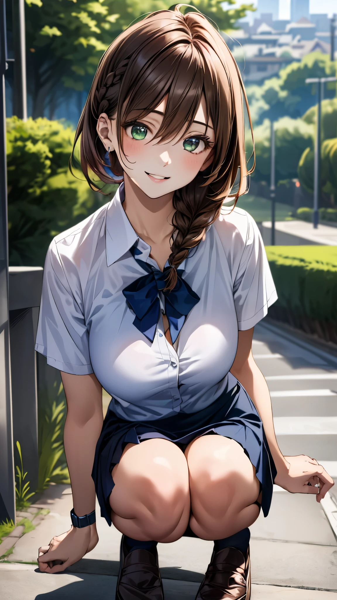 (masterpiece:1.3, top-quality, ultra high res, ultra detailed), (realistic, photorealistic:1.4), beautiful illustration, perfect lighting, colorful, depth of fields,
beautiful detailed hair, beautiful detailed face, beautiful detailed eyes, beautiful clavicle, beautiful body, beautiful chest, beautiful thigh, beautiful legs, beautiful fingers,
looking at viewer, front view:0.6, 1 girl, japanese, high school girl, perfect face, (perfect anatomy, anatomically correct), cute and symmetrical face, babyface, , shiny skin,
(middle hair:1.7, straight hair:1.6, braided bangs, rosy brown hair), asymmetrical bangs, hair between eyes, emerald green eyes, long eye lasher, (medium breasts), slender,
((collared short sleeve light pink shirt, dark blue tight skirt)), pink wristwatch,
(beautiful scenery), evening, (park, cityscape in the distance), (squatting),, (happy smile, parted lips),