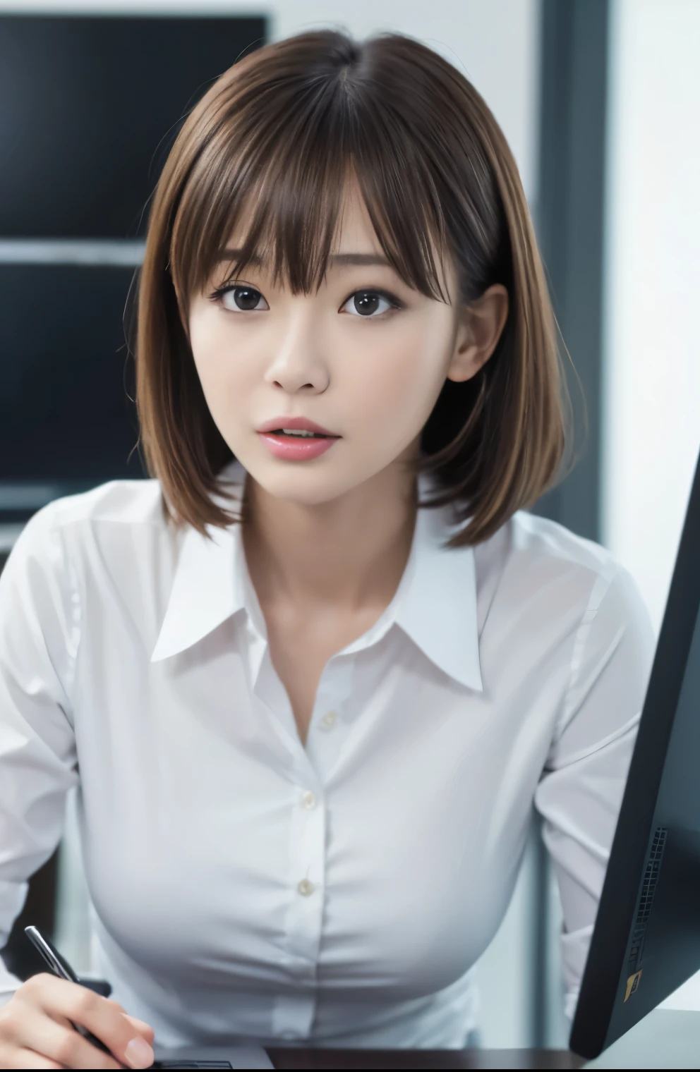 table top, highest quality, super detailed, finely, High resolution, 8k wallpaper, perfect dynamic composition, Beauty、、pat shoulders、beautiful and fine eyes,small face、neat girl、Slender、thin body、slender、white business shirt、natural color lip,office, get to the desk、a lot of documents on the desk,、hit the keyboard、My eyes are on the desktop screen、 brown hair、short bob、bangs bangs、beautiful big breasts,slender体型、 in trouble、grim expression、I am going to cry