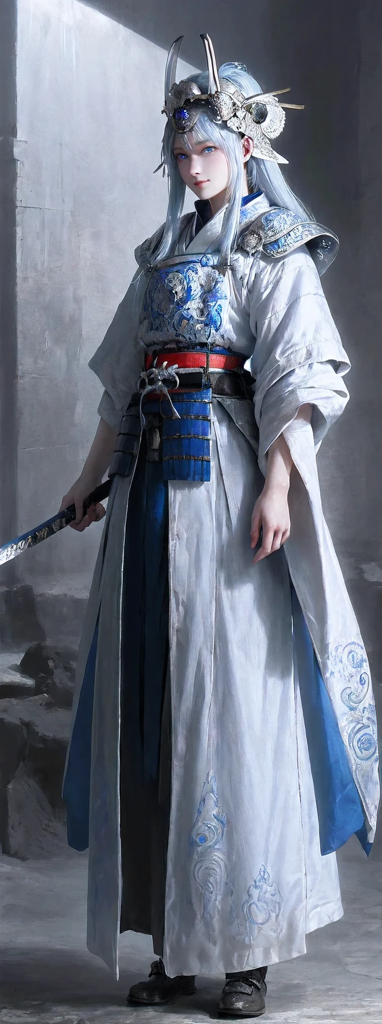 full body,ultra-detailed,Intricate details EABA,blue eyes,white hair,long hair,cloaks,Samurai,Armor,samurai helmet,vivid colors,soft light,