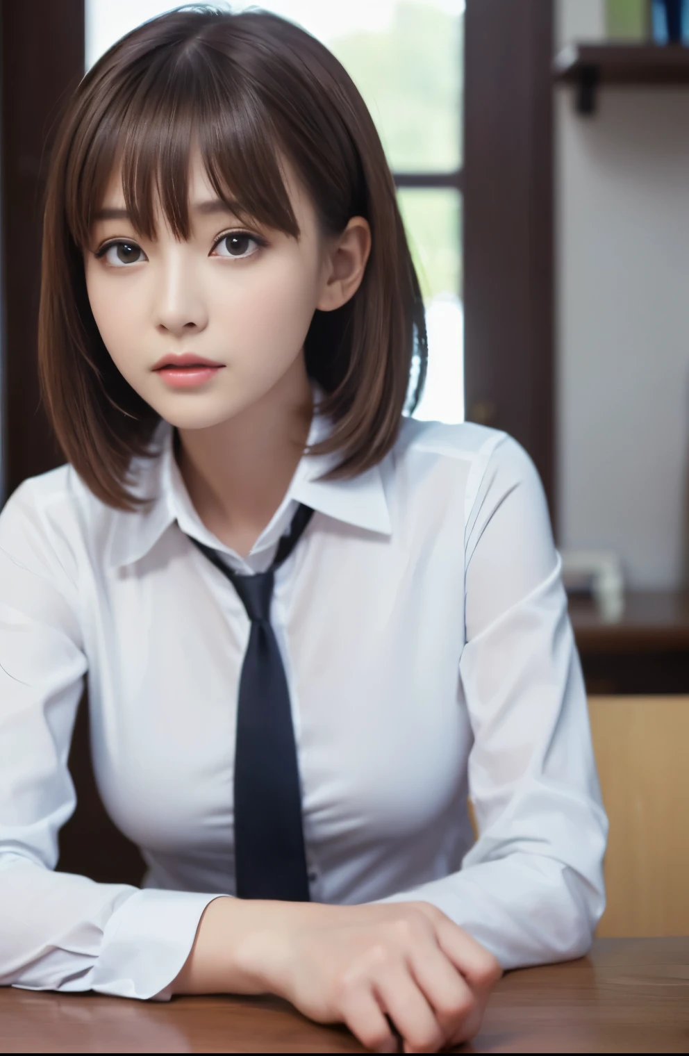 masterpiece, best quality, ultra-detailed, illustration, epic lighting, cinematic composition, isometric, 1girl, solo, cute, brown eyes, black hair, swept bangs, single sidelock, red hairclip, white collared shirt, black necktie, black pants, formal, enchanting gaze, captivating pose, indoors, office, door, opening door, looking at viewer, peeking out upper body, blush, seductive smile, closed mouth,(8k:1.1),