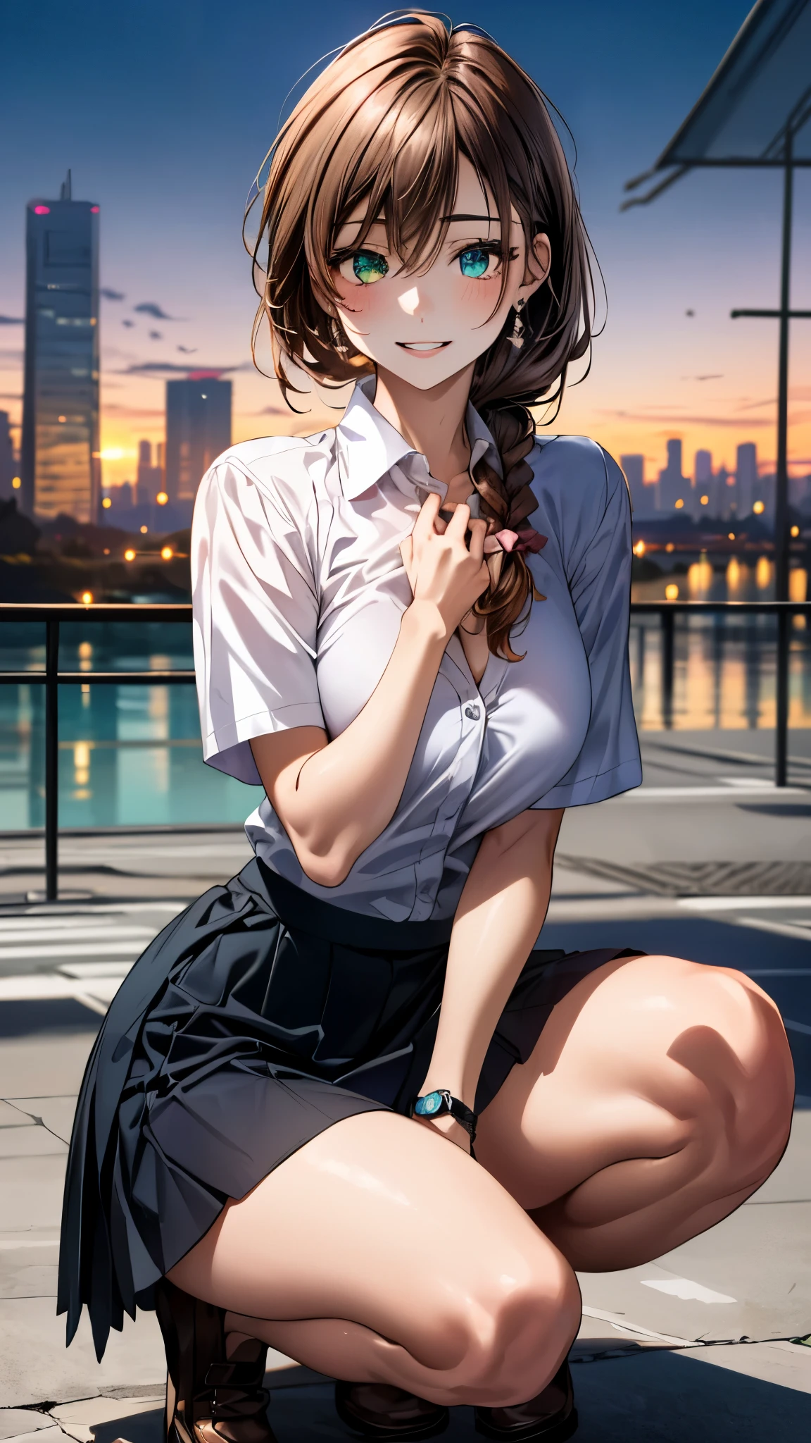 (8K, RAW photo, Best quality, Masterpiece: 1.2), (Realistic, photo-realistic: 1.37), Ultra-detailed, 1 girl, Cute, Solo, Beautiful detailed sky, detailed coffee, Night, dated, (flushed nose), (Smile: 1.1), (Mouth closed), Medium breasts, Beautiful detailed eyes, (Collared shirt: 1.1), Bow tie, Pleated skirt, Half squat, menstrual period,