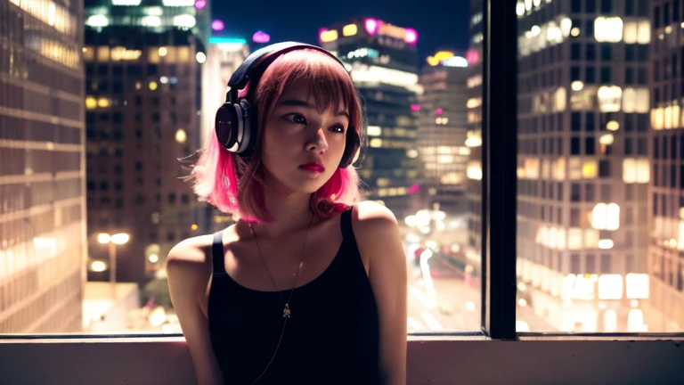 City-pop style lo-fi animation; full-length window high-rise room with a 2100 lifestyle feel. A night view of the big city. Twinkling lights. Lots of LED lighting in the room. A pink-haired, long-limbed, medium-haired girl with headphones is leaning against a wall. She is facing sideways. She is wearing all high-brand clothes. Balenciaga sneakers, big enough to use as a youtube thumbnail.
