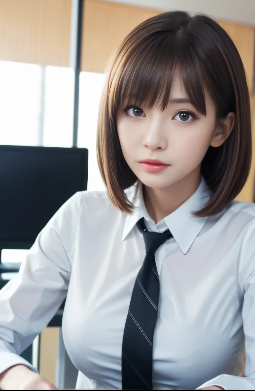 table top, highest quality, super detailed, finely, High resolution, 8k wallpaper, perfect dynamic composition, Beauty、、pat shoulders、beautiful and fine eyes,small face、neat girl、Slender、thin body、slender、white business shirt、natural color lip,office, get to the desk、a lot of documents on the desk,、hit the keyboard、My eyes are on the desktop screen、 brown hair、short bob、bangs bangs、beautiful big breasts,slender体型、 in trouble、grim expression、