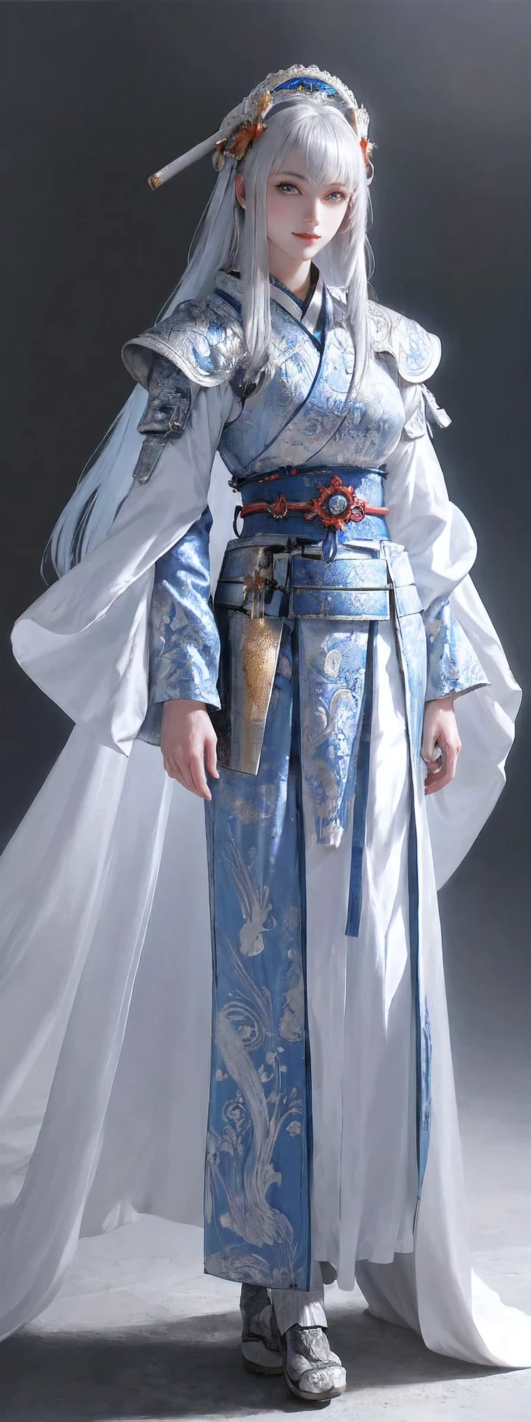 full body,ultra-detailed,Intricate details EABA,blue eyes,white hair,long hair,cloaks,Samurai,Armor,samurai helmet,vivid colors,soft light,
