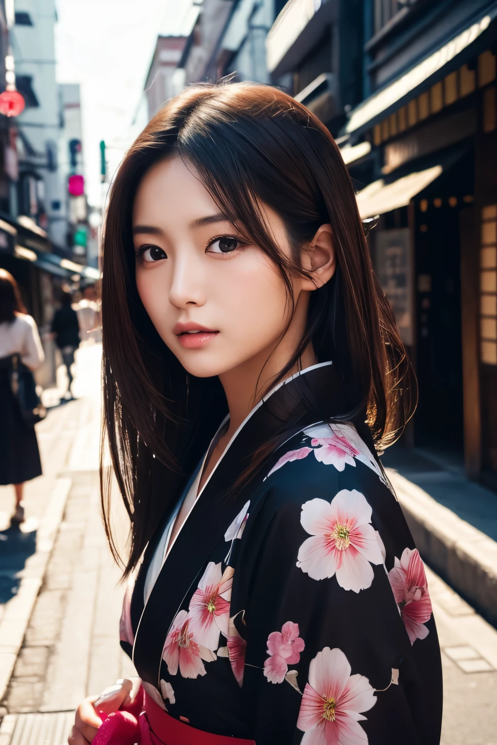 Beautiful Japanese supermodel woman, A lock of hair with slight highlights, black eyes, Sexy,street background,Gorgeous kimono , Liquid color flows across her face, Shooting against the light,Perfect facial lighting,mixed media